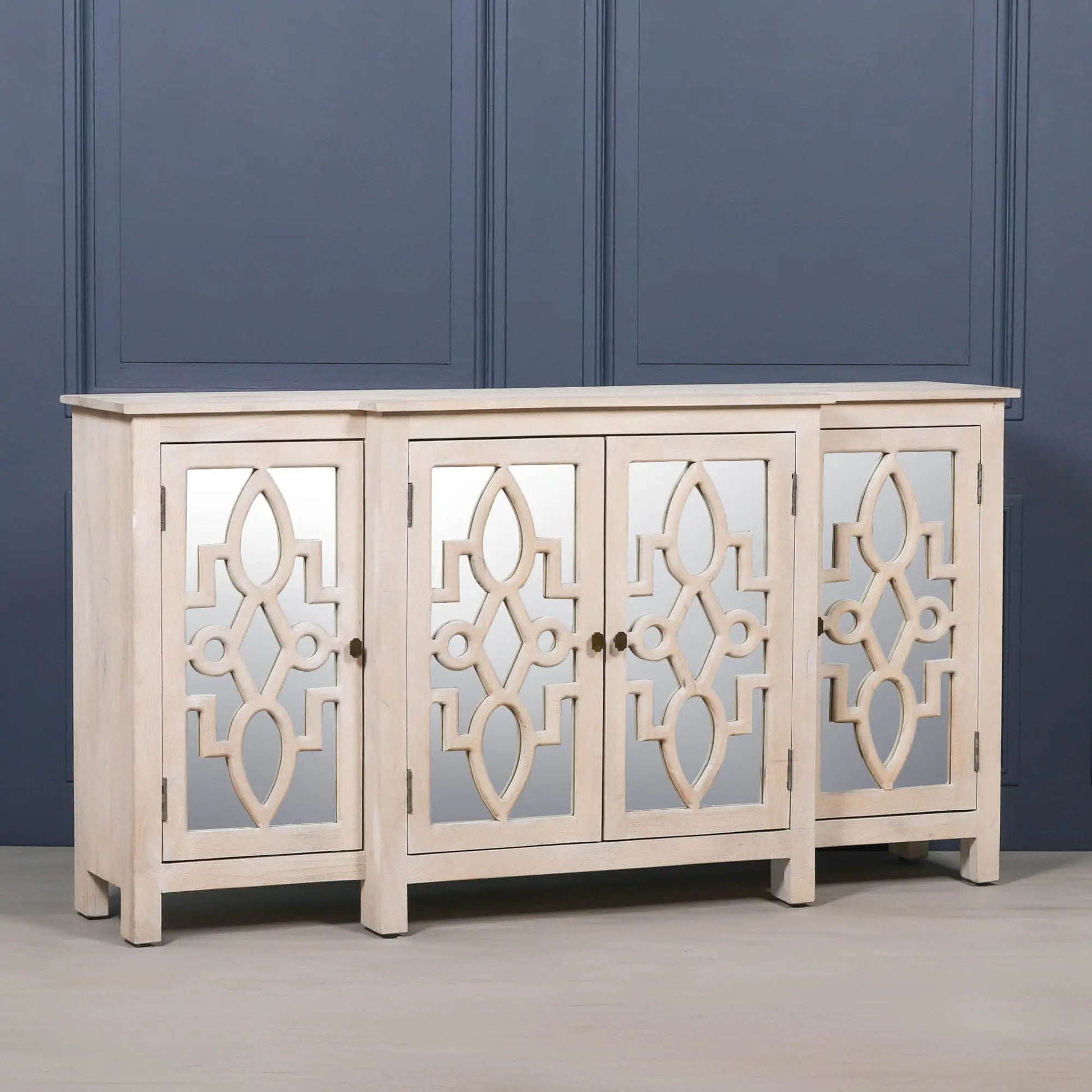 Wooden 4 Door Mirrored Breakfront Sideboard with Brass Handles   Nicholas John Interiors