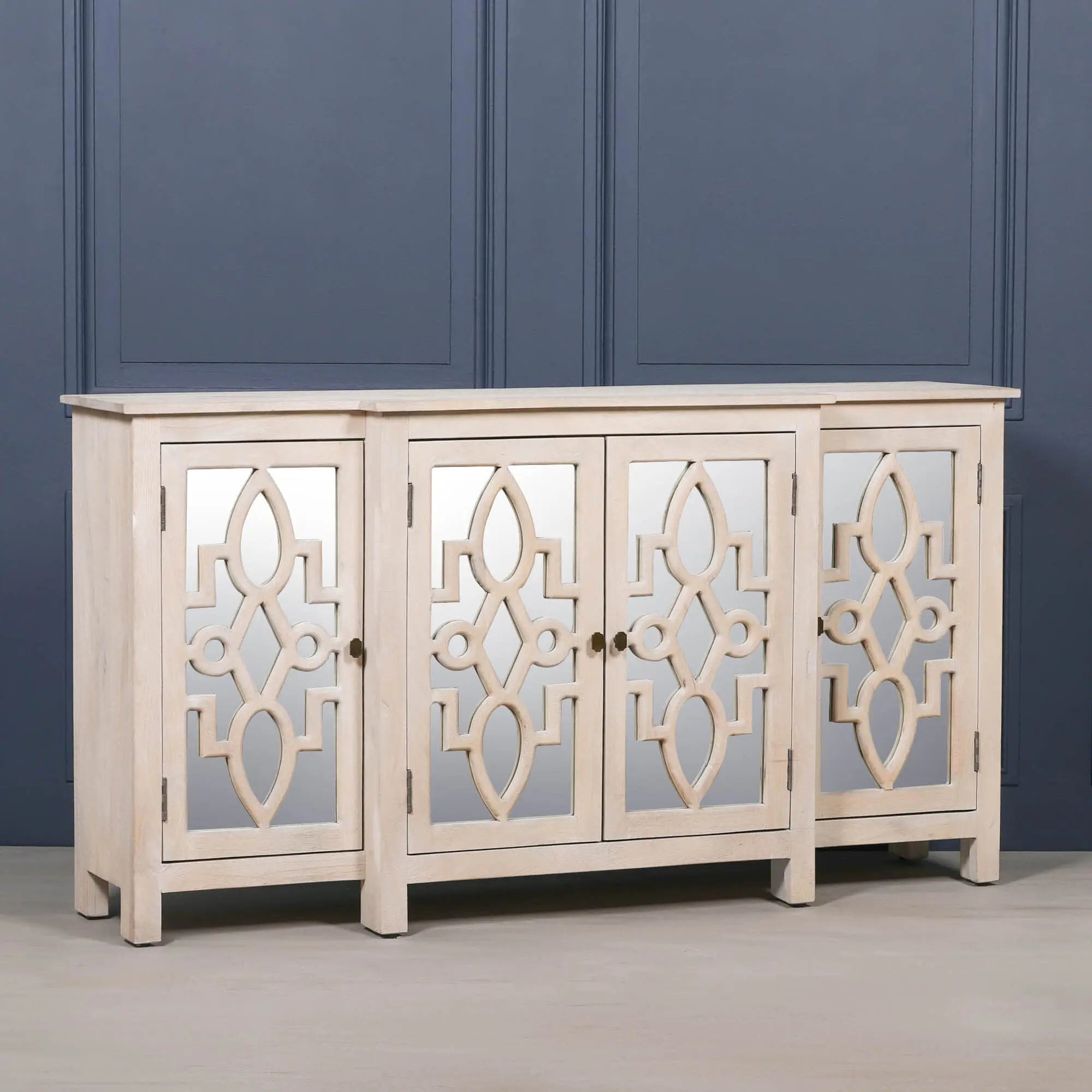 Wooden 4 Door Mirrored Breakfront Sideboard with Brass Handles   Nicholas John Interiors