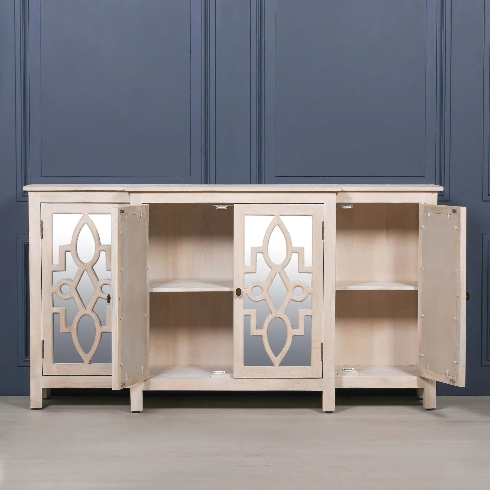 Wooden 4 Door Mirrored Breakfront Sideboard with Brass Handles   Nicholas John Interiors