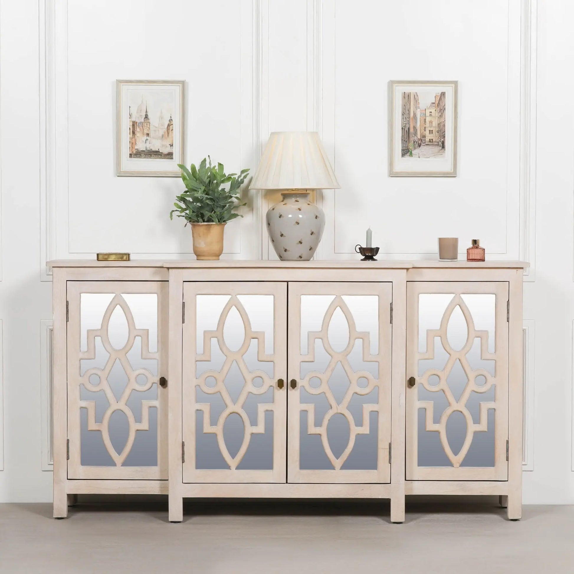 Wooden 4 Door Mirrored Breakfront Sideboard with Brass Handles   Nicholas John Interiors