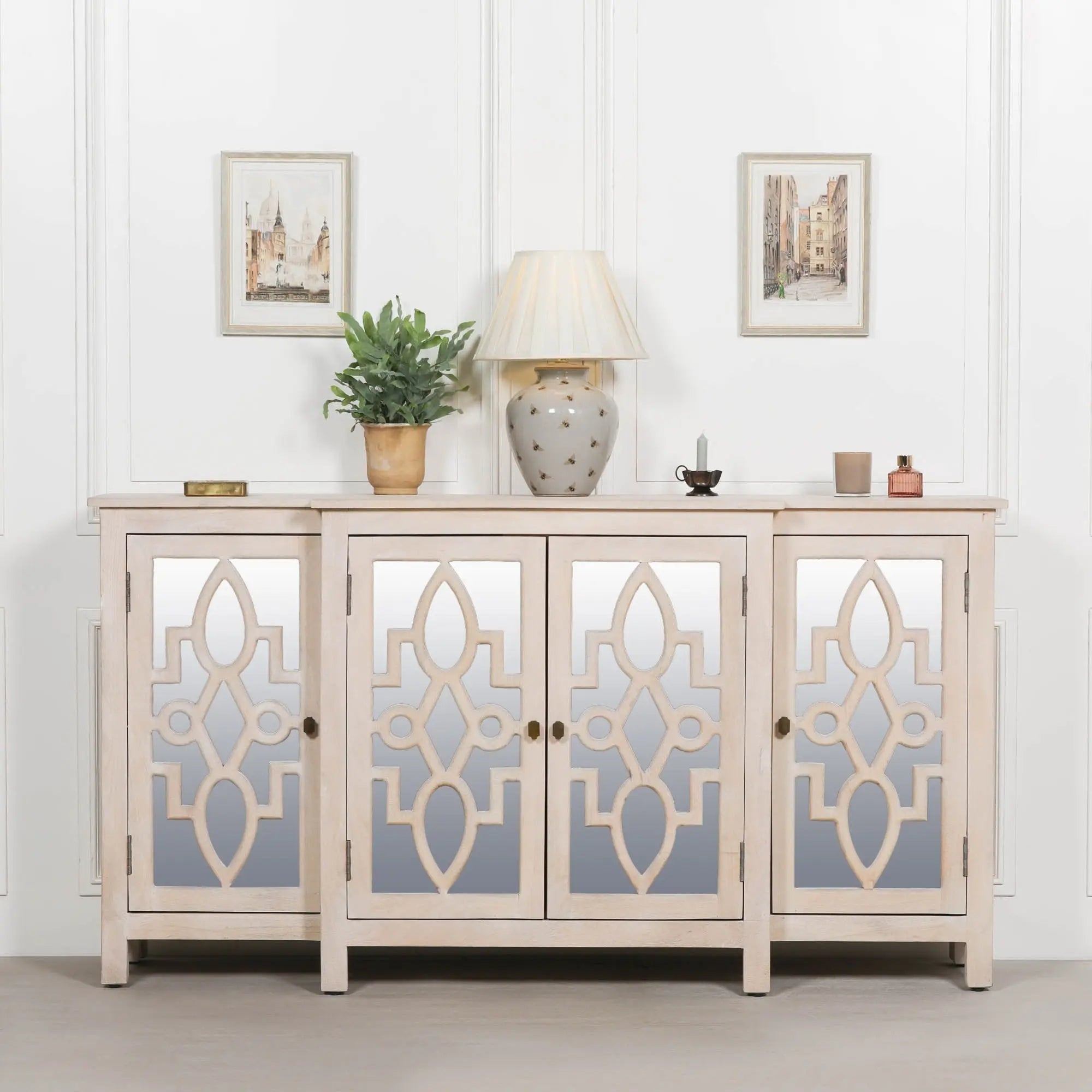 Wooden 4 Door Mirrored Breakfront Sideboard with Brass Handles   Nicholas John Interiors