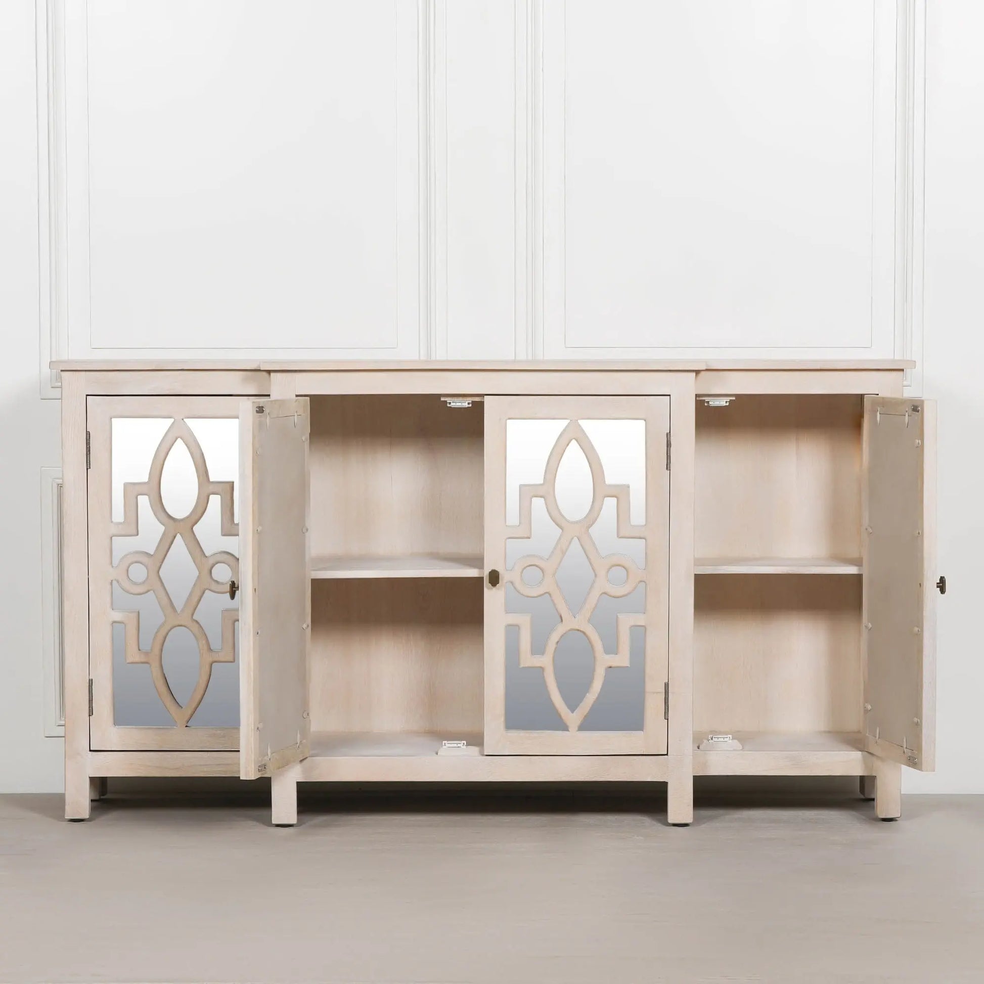Wooden 4 Door Mirrored Breakfront Sideboard with Brass Handles   Nicholas John Interiors