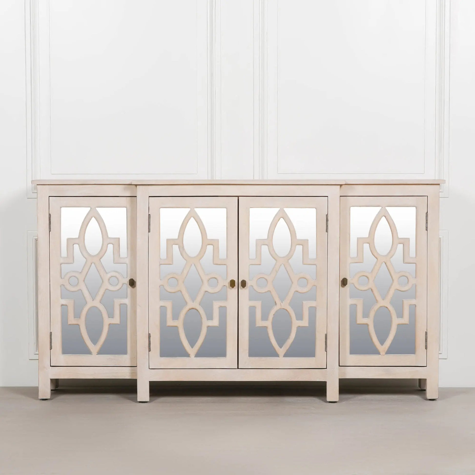 Wooden 4 Door Mirrored Breakfront Sideboard with Brass Handles   Nicholas John Interiors