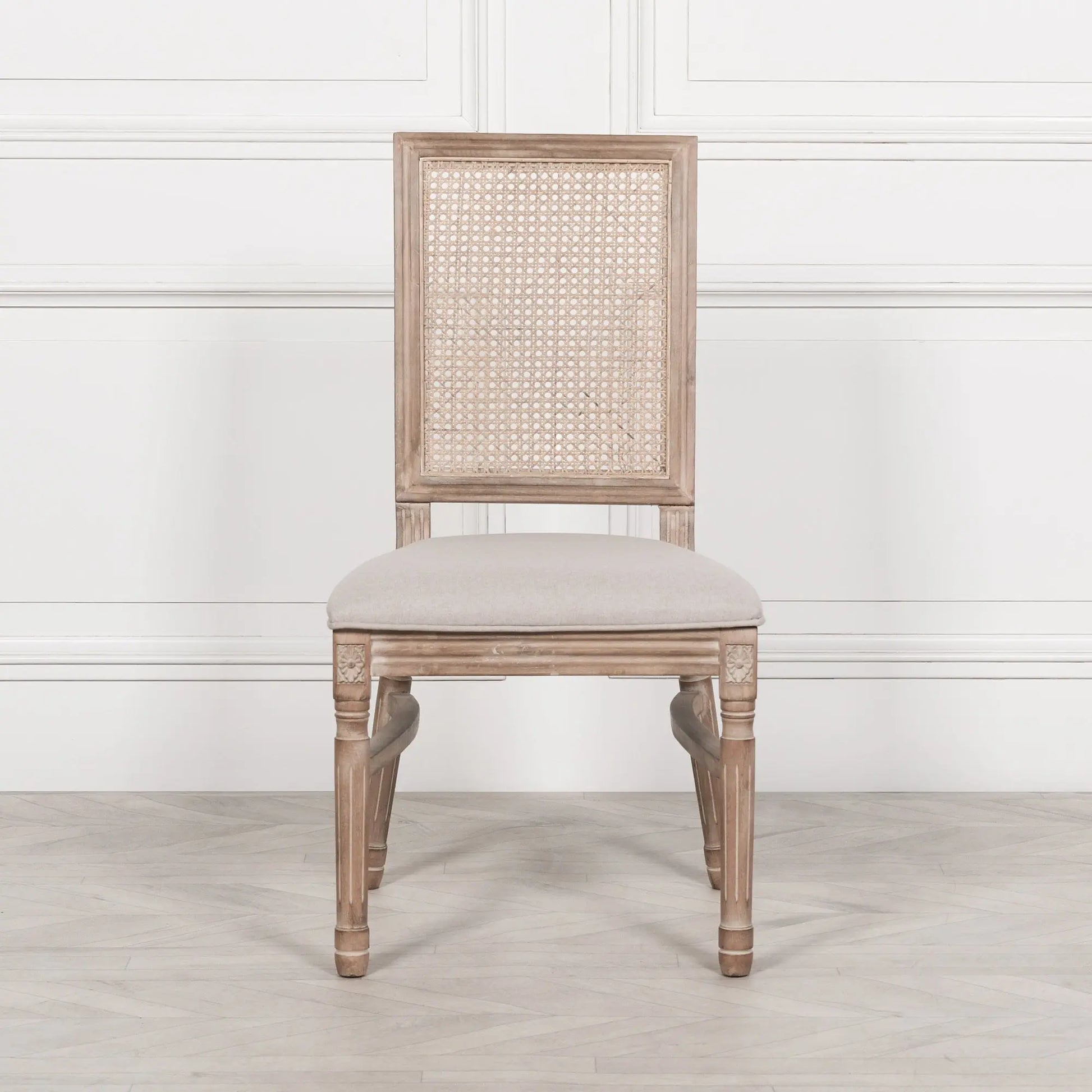 Wooden Louis Upholstered Square Rattan Back Dining Chair   Nicholas John Interiors