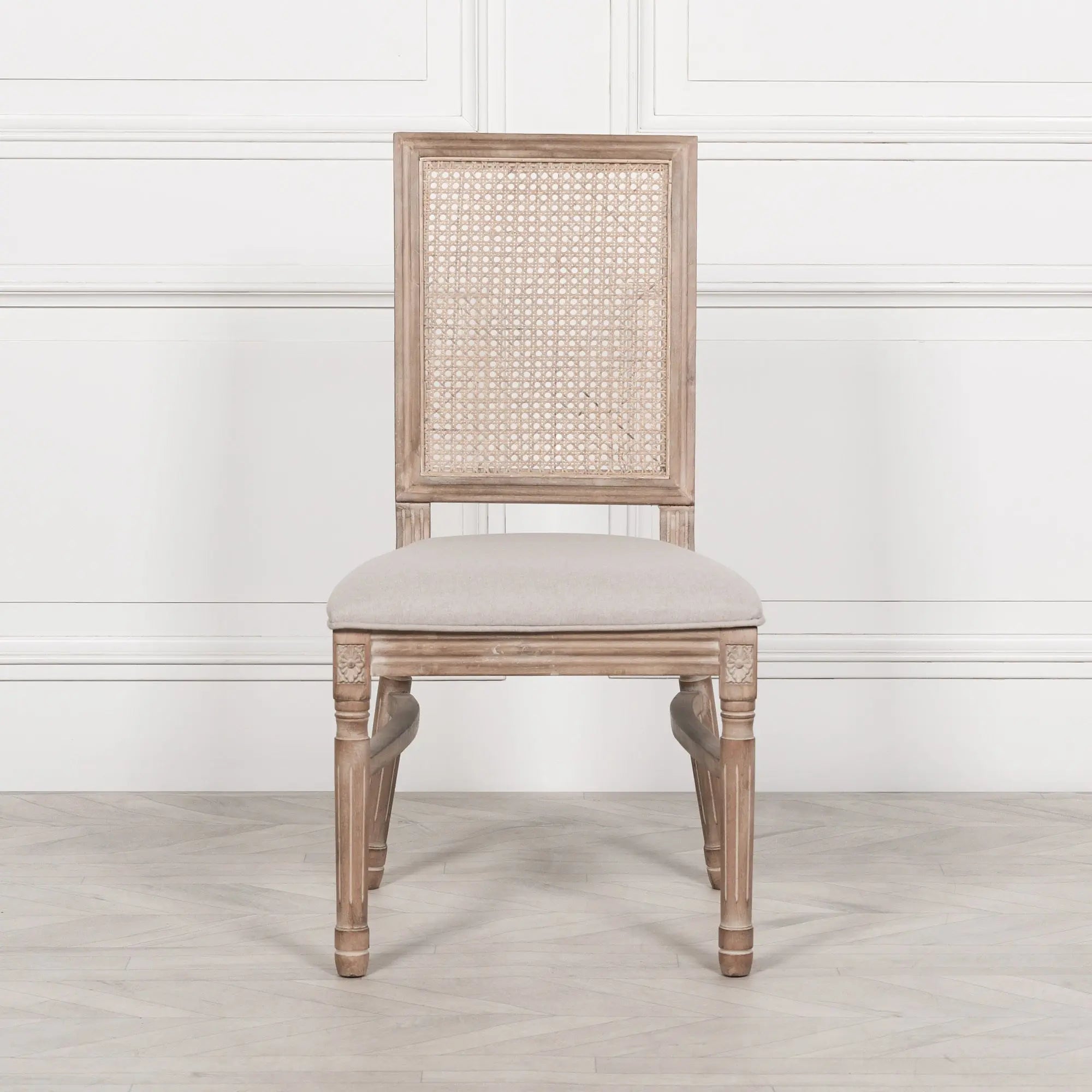 Wooden Louis Upholstered Square Rattan Back Dining Chair   Nicholas John Interiors