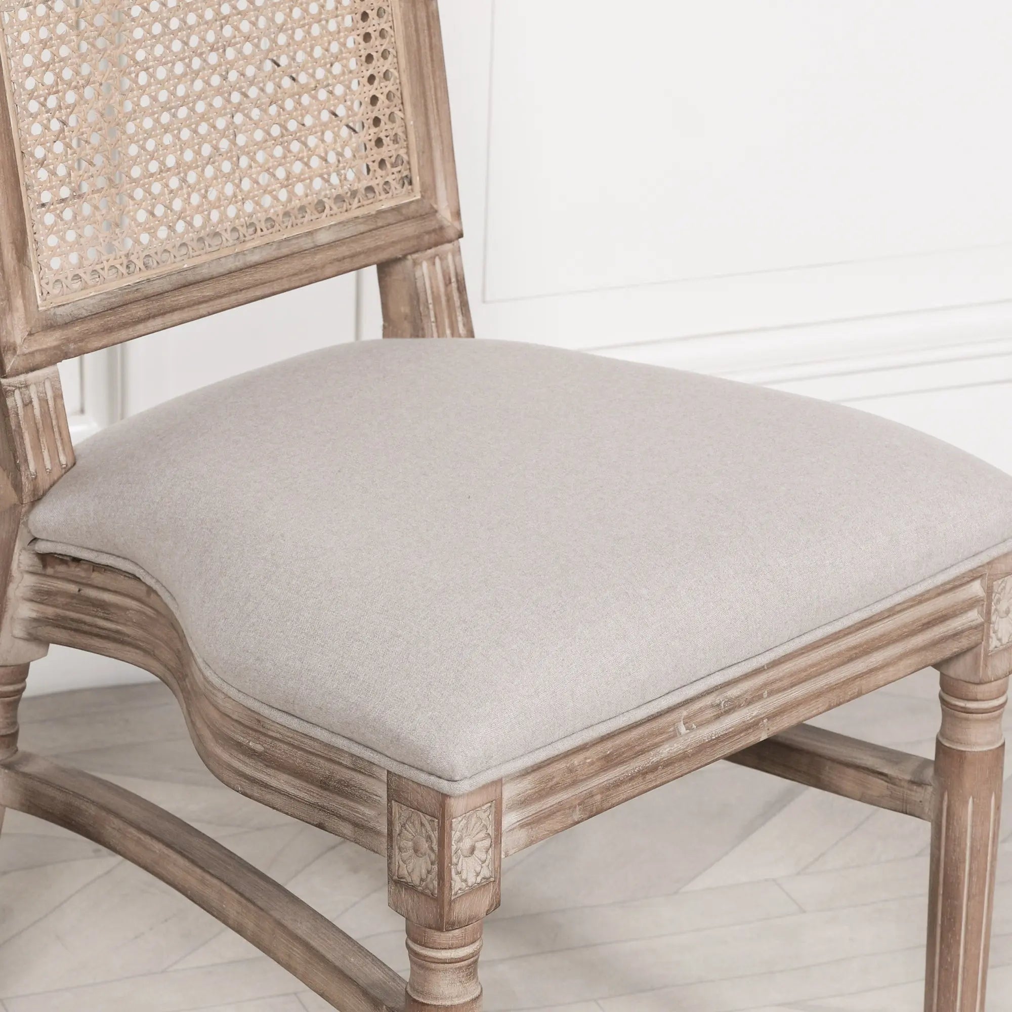 Wooden Louis Upholstered Square Rattan Back Dining Chair   Nicholas John Interiors