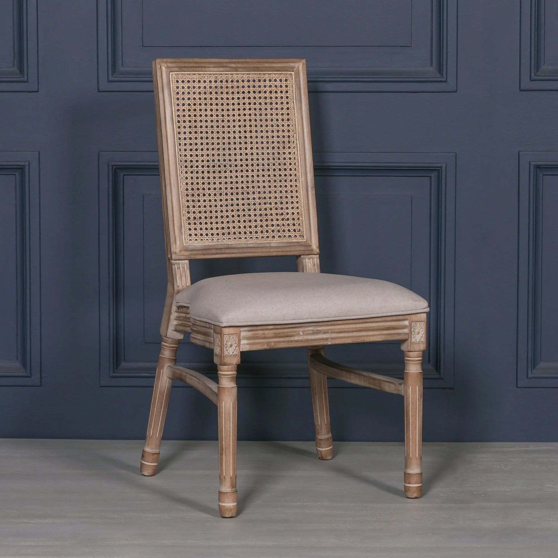 Wooden Louis Upholstered Square Rattan Back Dining Chair   Nicholas John Interiors