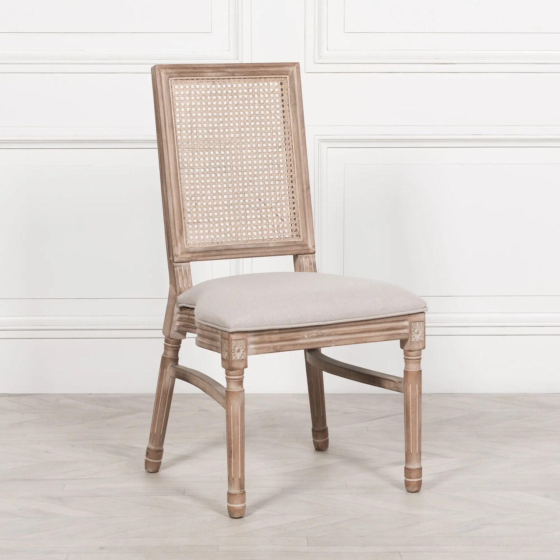 Wooden Louis Upholstered Square Rattan Back Dining Chair   Nicholas John Interiors