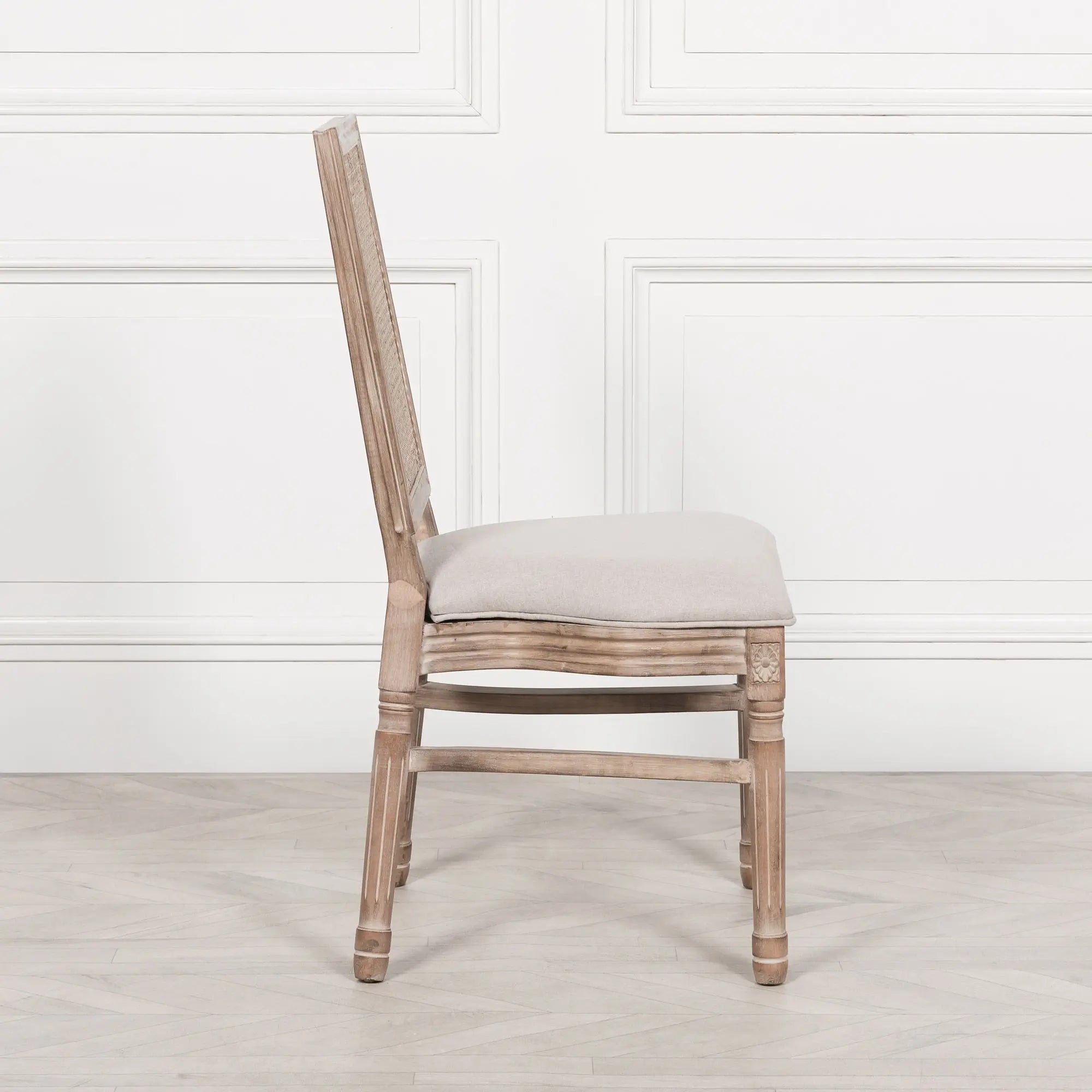 Wooden Louis Upholstered Square Rattan Back Dining Chair   Nicholas John Interiors