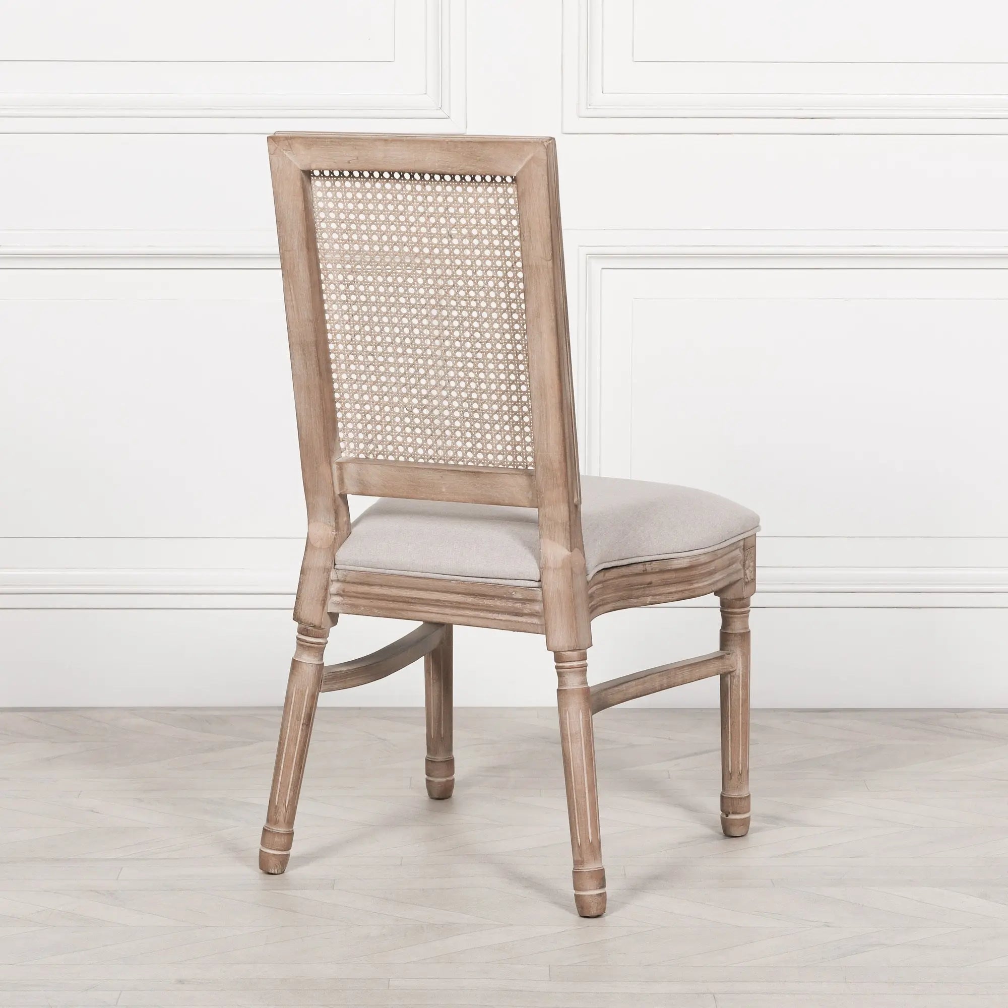 Wooden Louis Upholstered Square Rattan Back Dining Chair   Nicholas John Interiors