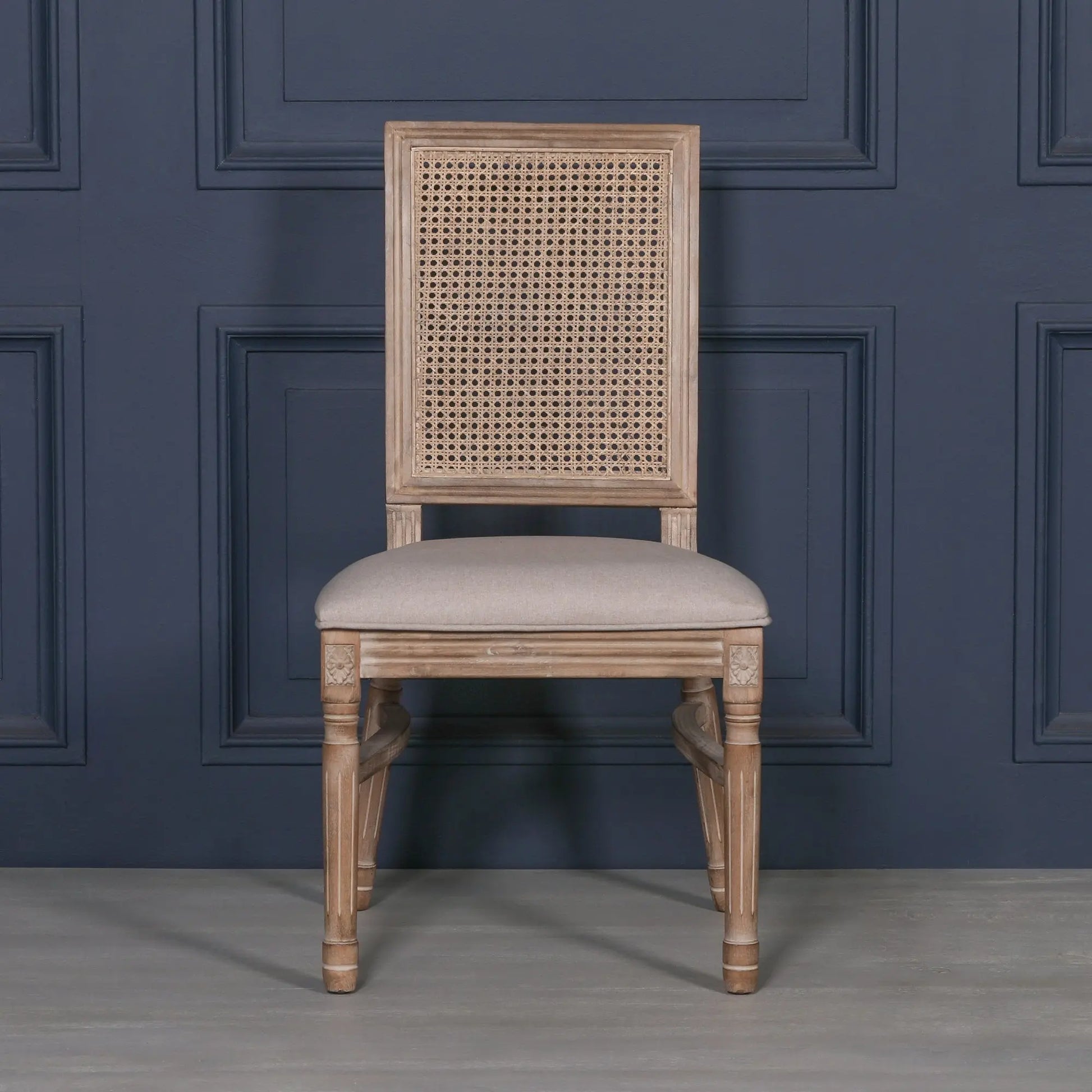 Wooden Louis Upholstered Square Rattan Back Dining Chair   Nicholas John Interiors