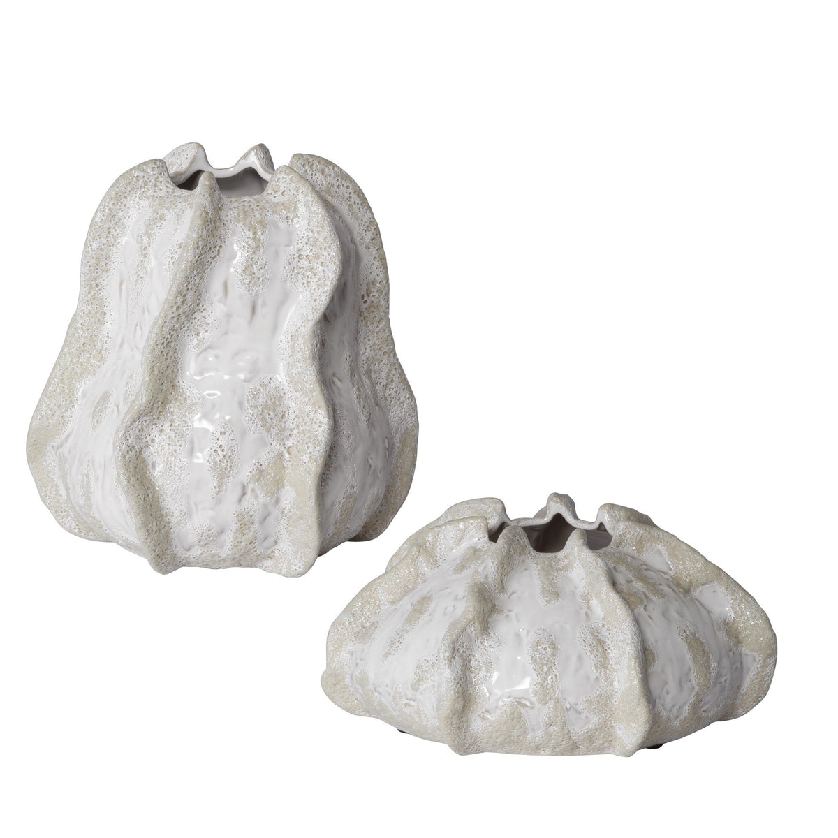  Urchin Textured Ivory Vases, S/2