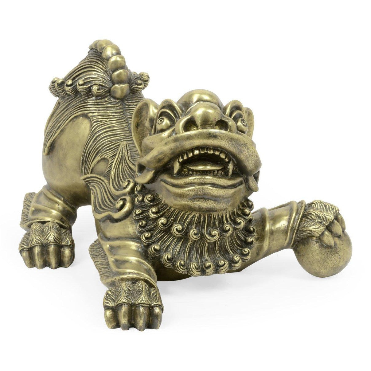 Front antique brass Foo Dog sculpture with open mouth, spiral beard, and spherical ball grip