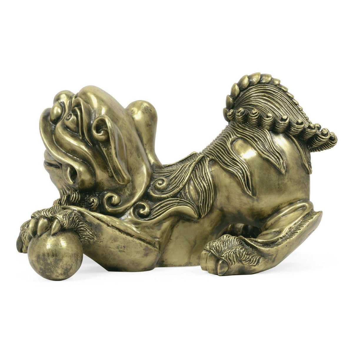 Side profile antique brass Foo Dog crouching pose with stylized mane and visible claw details
