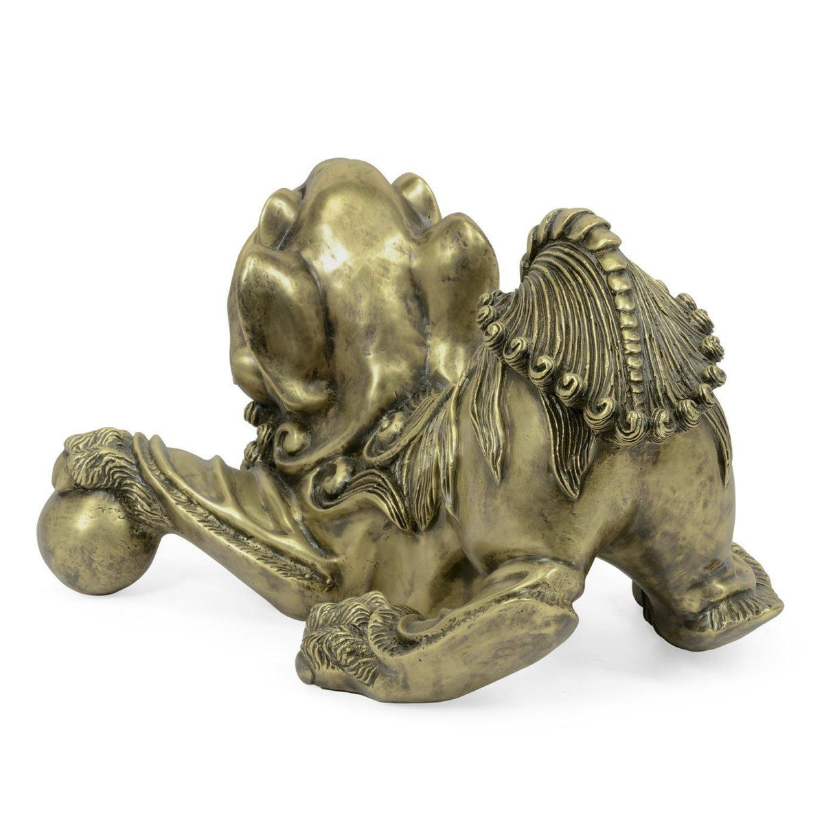 Antique brass Foo Dog ornament rear-left view showing carved mane, textured paw pads, and ball detail