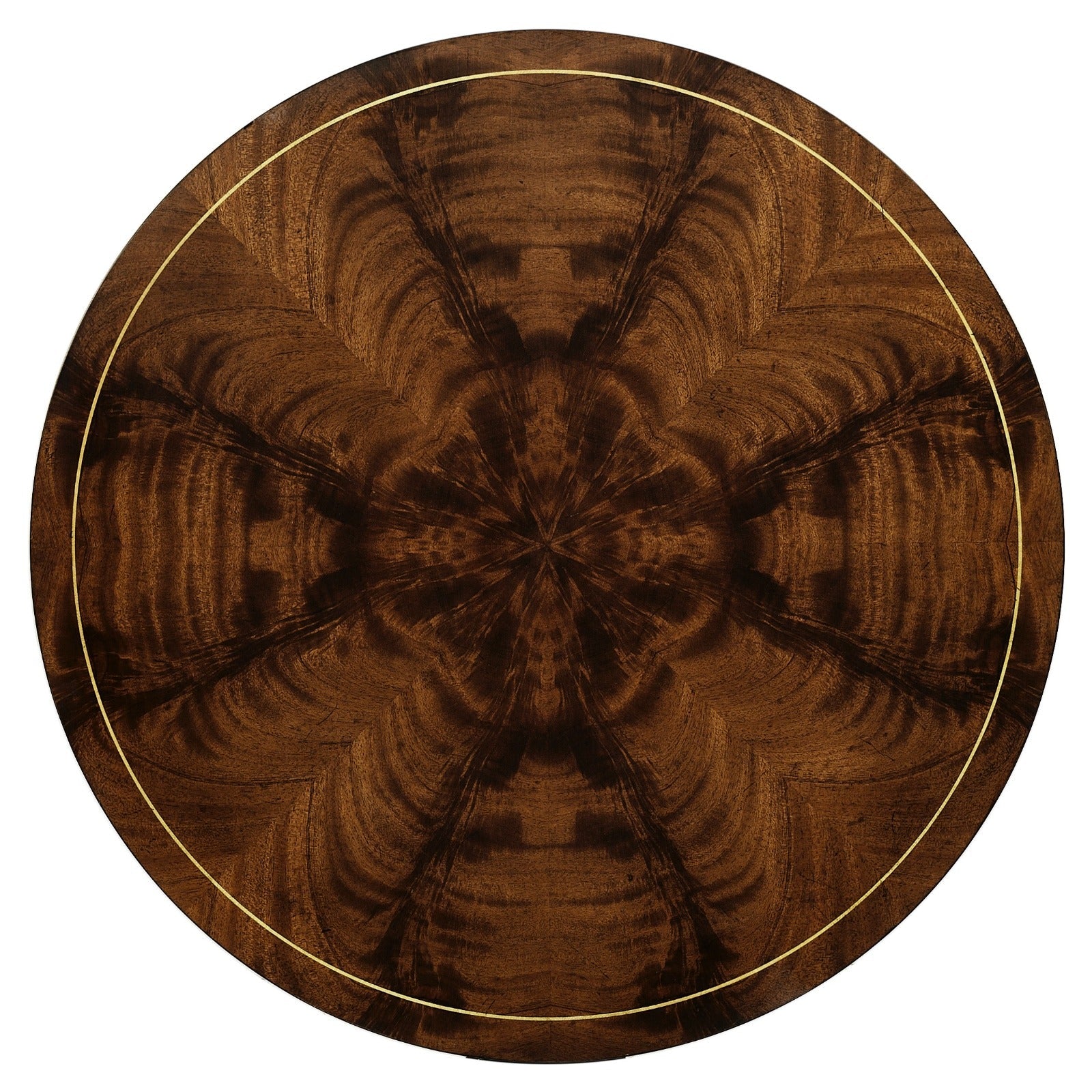 Top-down view of mahogany starburst veneer pattern on round side table