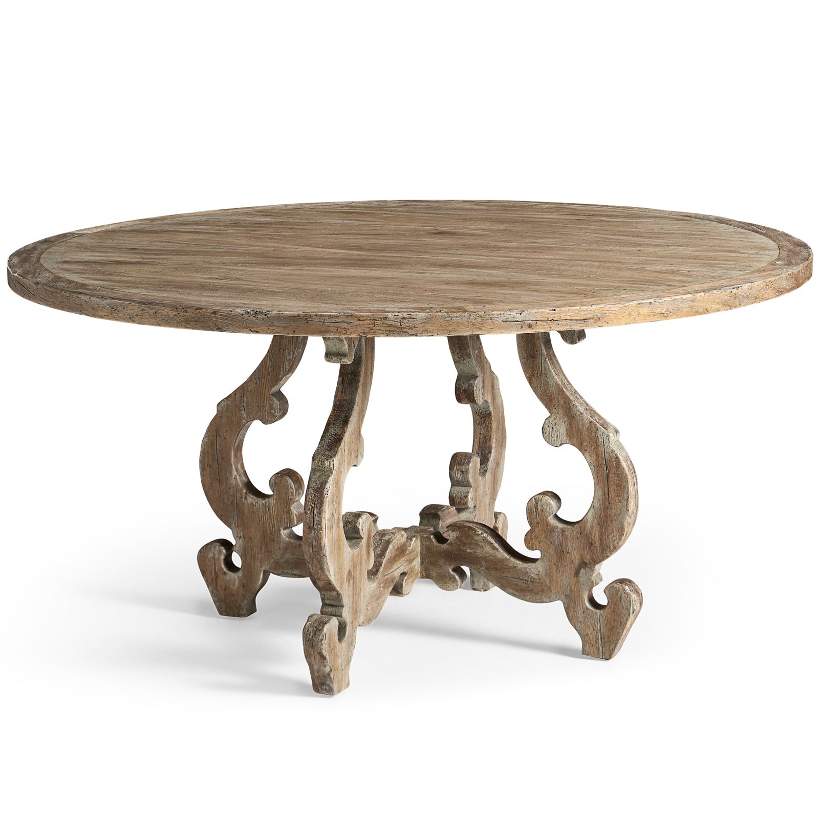 Three-quarter view of 152cm acacia veneer dining table with rustic weathered patina and asymmetrical scrolled legs