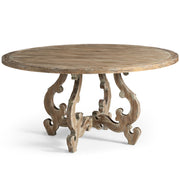 Three-quarter view of 152cm acacia veneer dining table with rustic weathered patina and asymmetrical scrolled legs