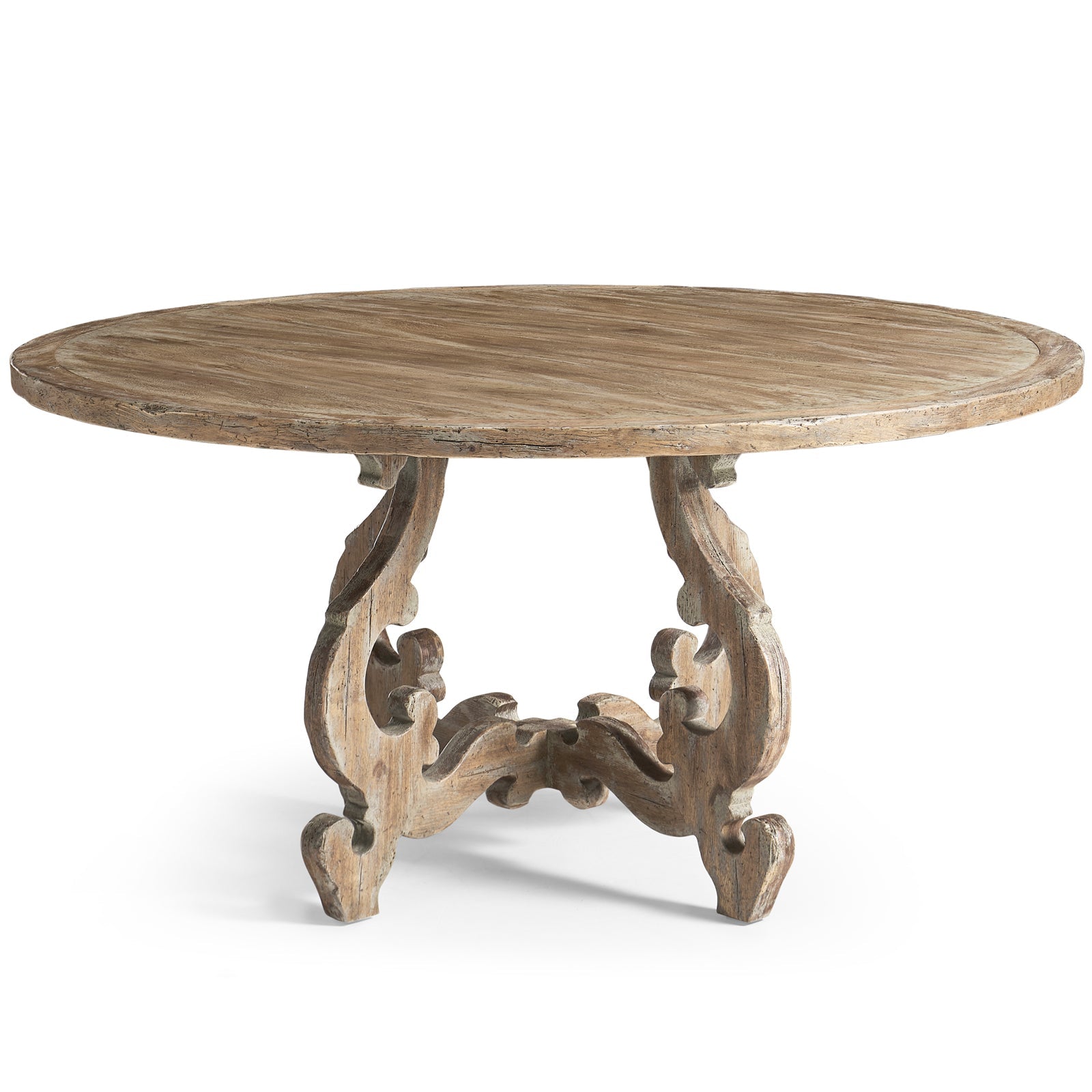Jonathan Charles Caldera round dining table 152cm with distressed greyed oak finish and carved scrollwork base