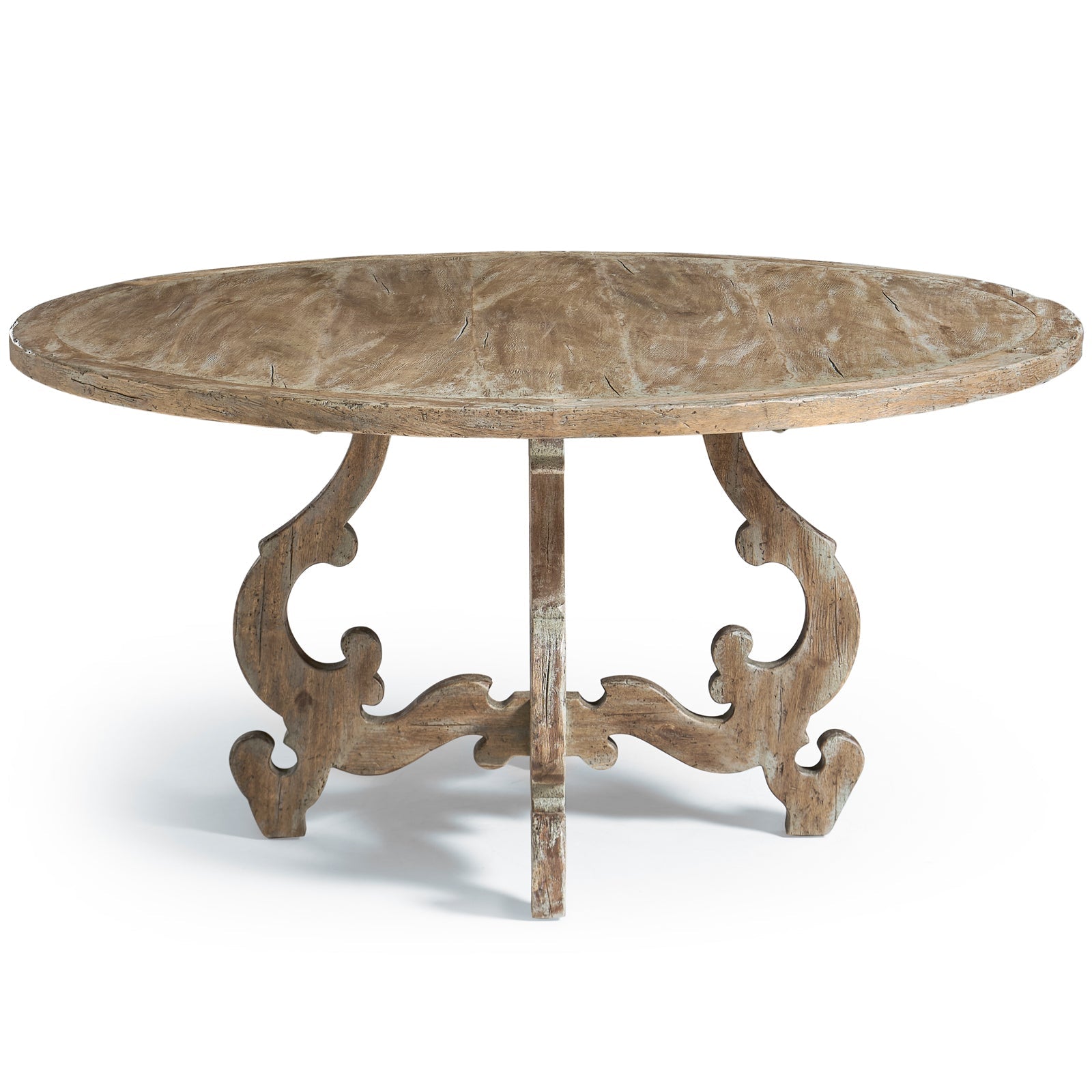 Side view of Jonathan Charles round dining table showing aged edge, mottled greyed oak grain and painted-wash detail