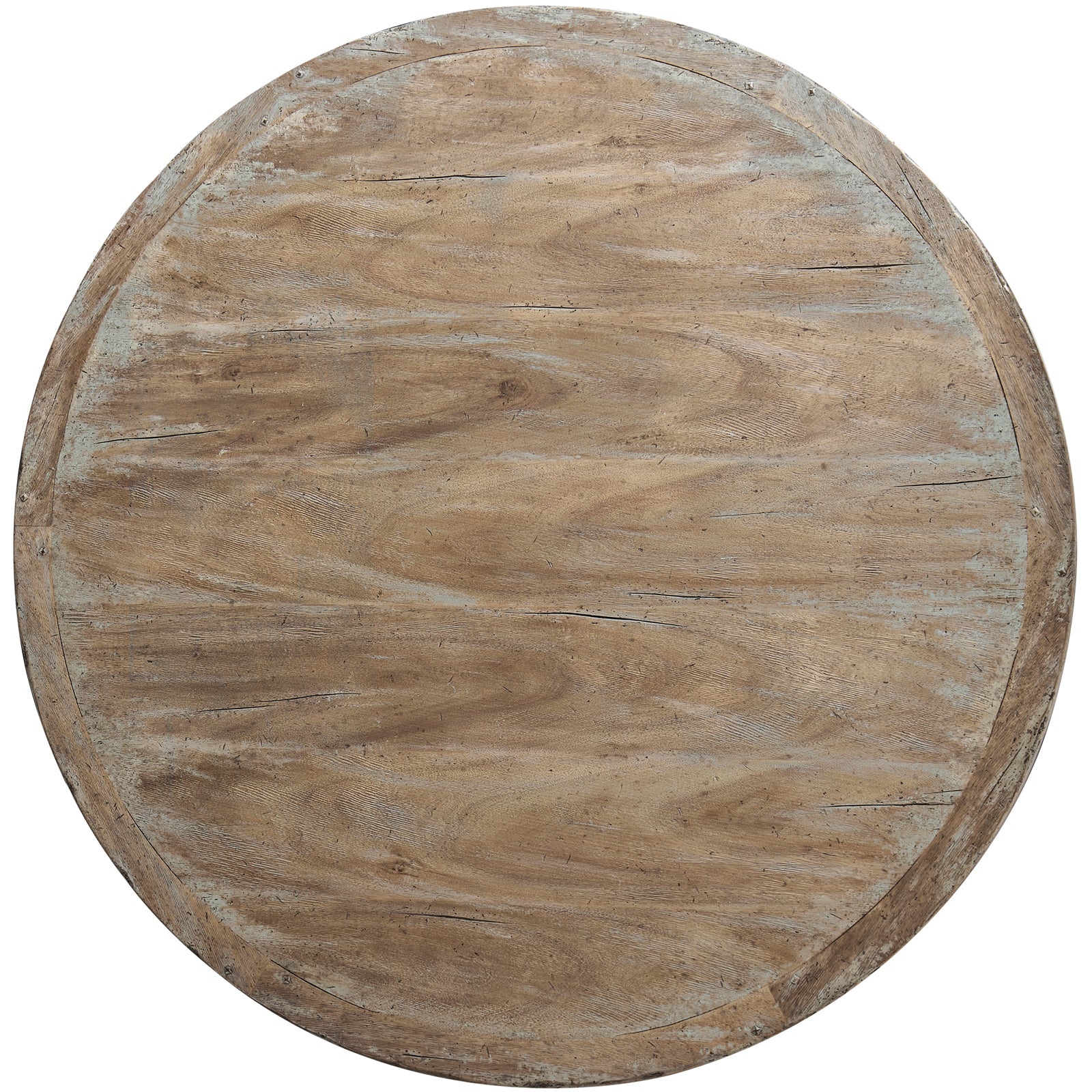 Top-down close-up of 152cm round dining table surface revealing natural acacia wood grain and hand-applied paint accents