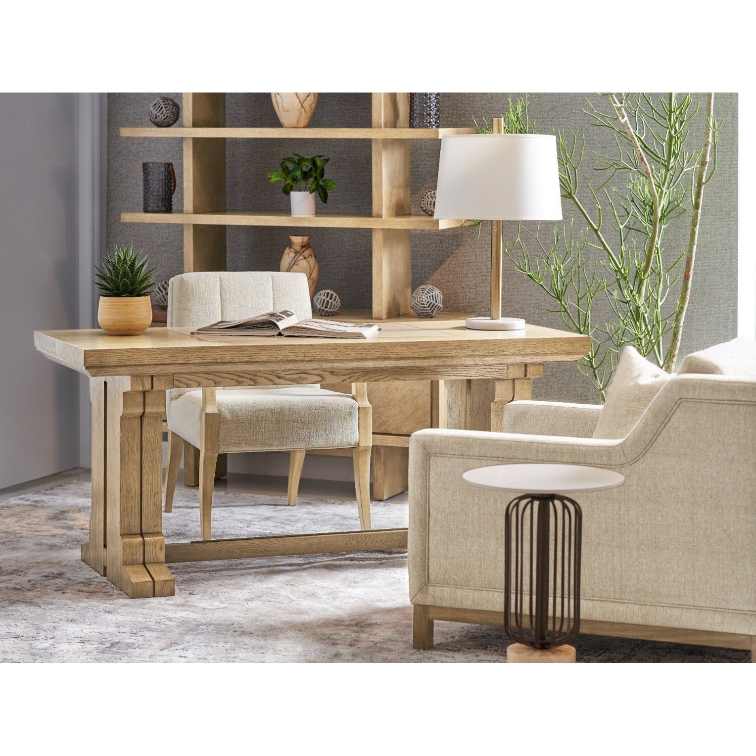 Cambrio American white oak bookcase in home office setting with rift-cut diamond veneer doors and decorative styling