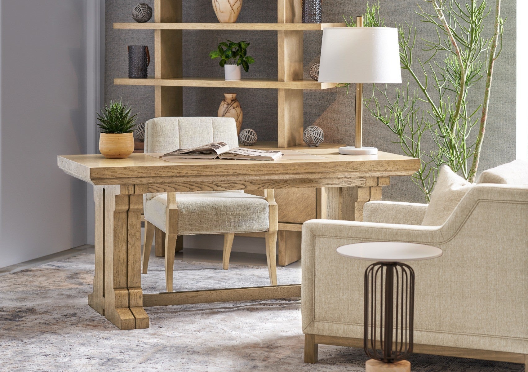 Cambrio American white oak bookcase in home office setting with rift-cut diamond veneer doors and decorative styling