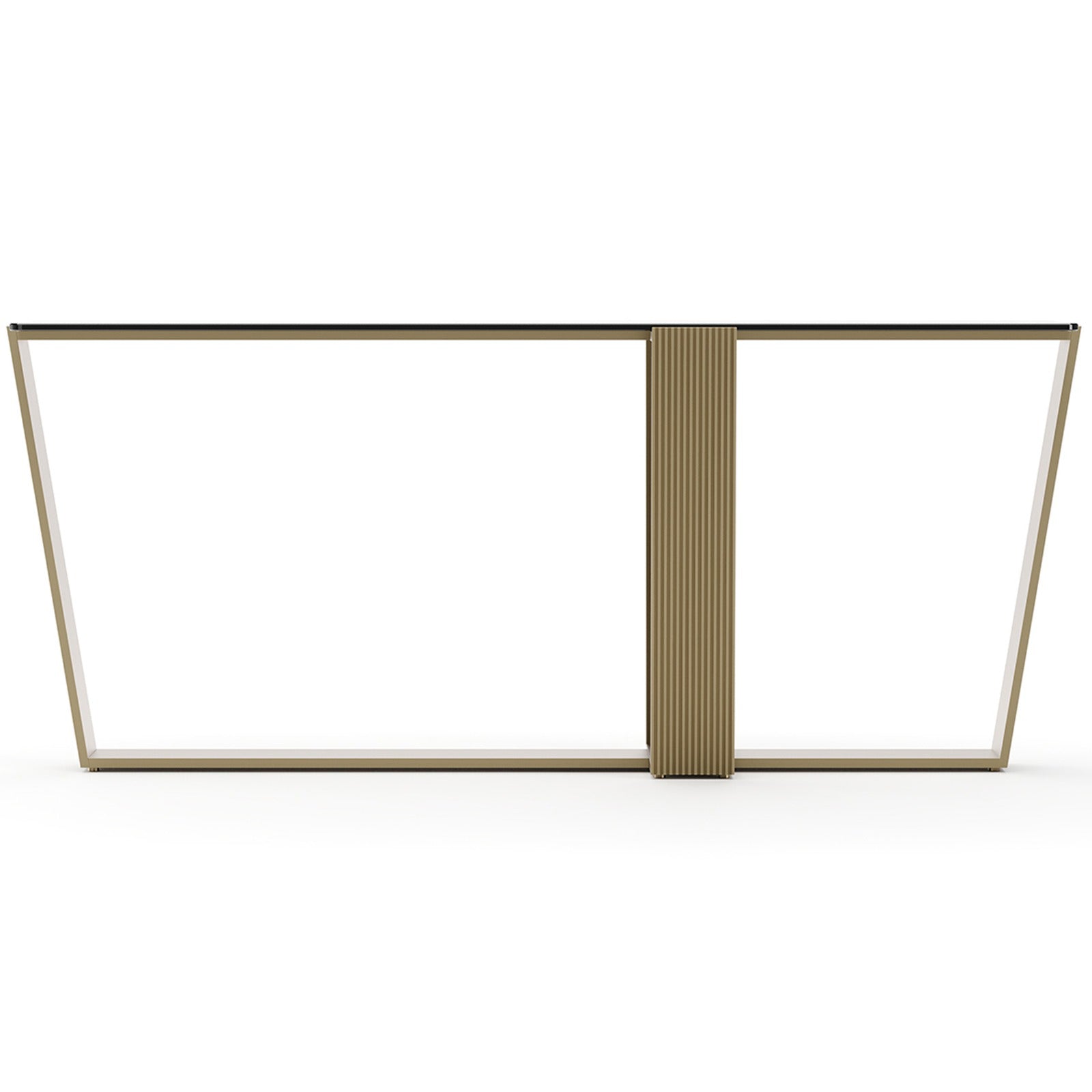 Caracole Counter Balance Console Table featuring black glass top, tapered brushed gold legs, and vertical ribbed central column