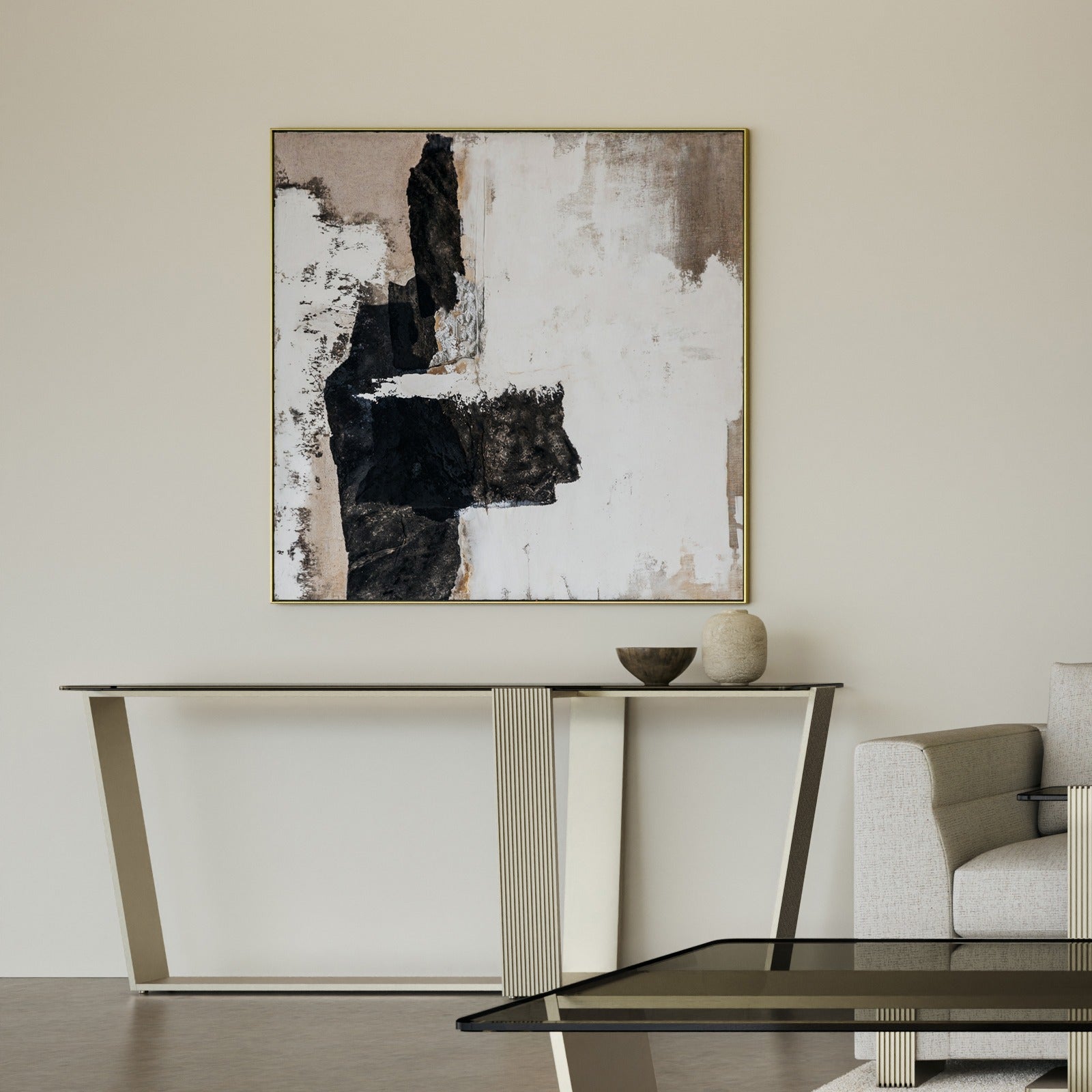 Caracole Counter Balance Console Table with smoked bronze glass top and brushed gold ribbed frame styled in modern living room