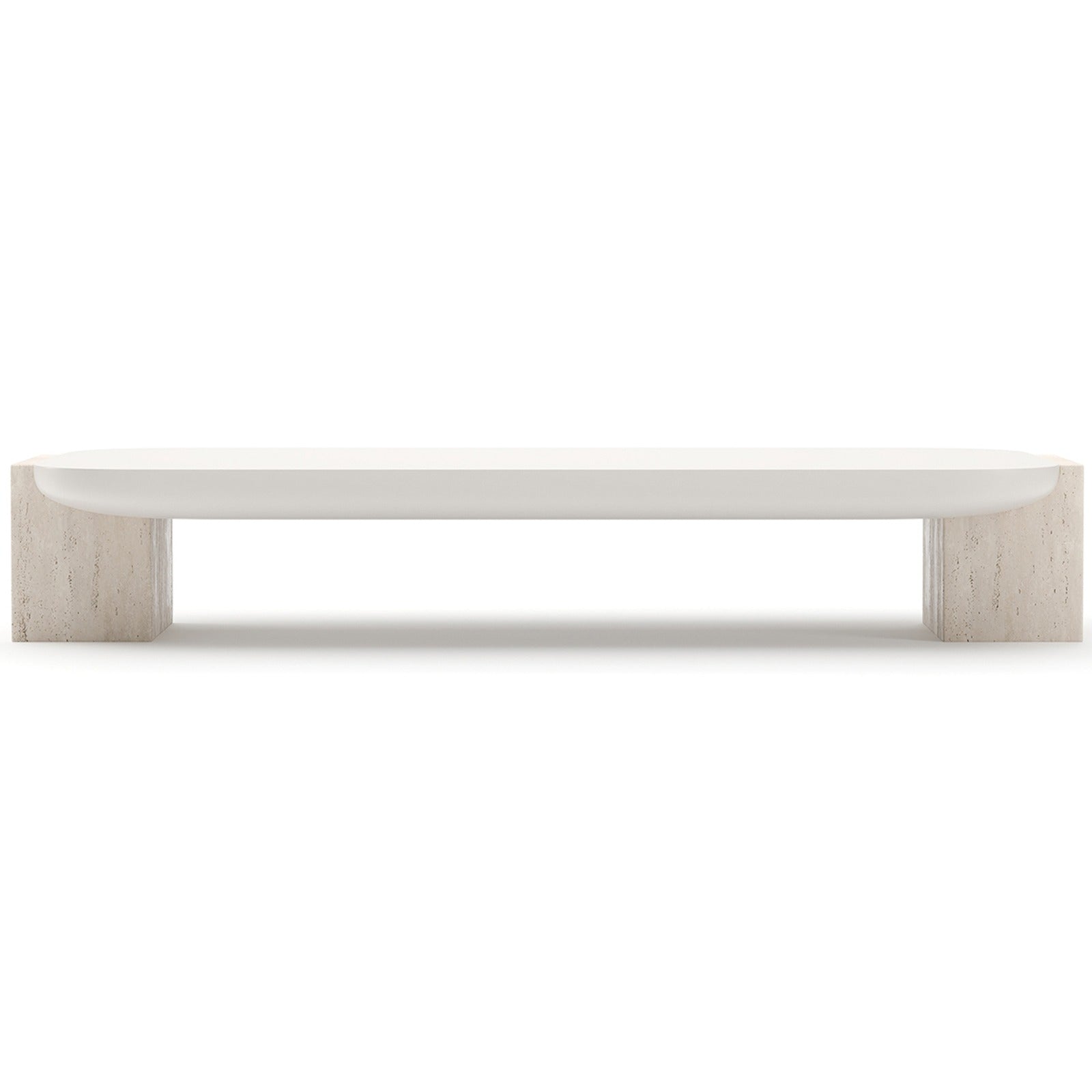 Side profile of Caracole low-slung coffee table showing curved Almond Milk top overhang on Travertine bases