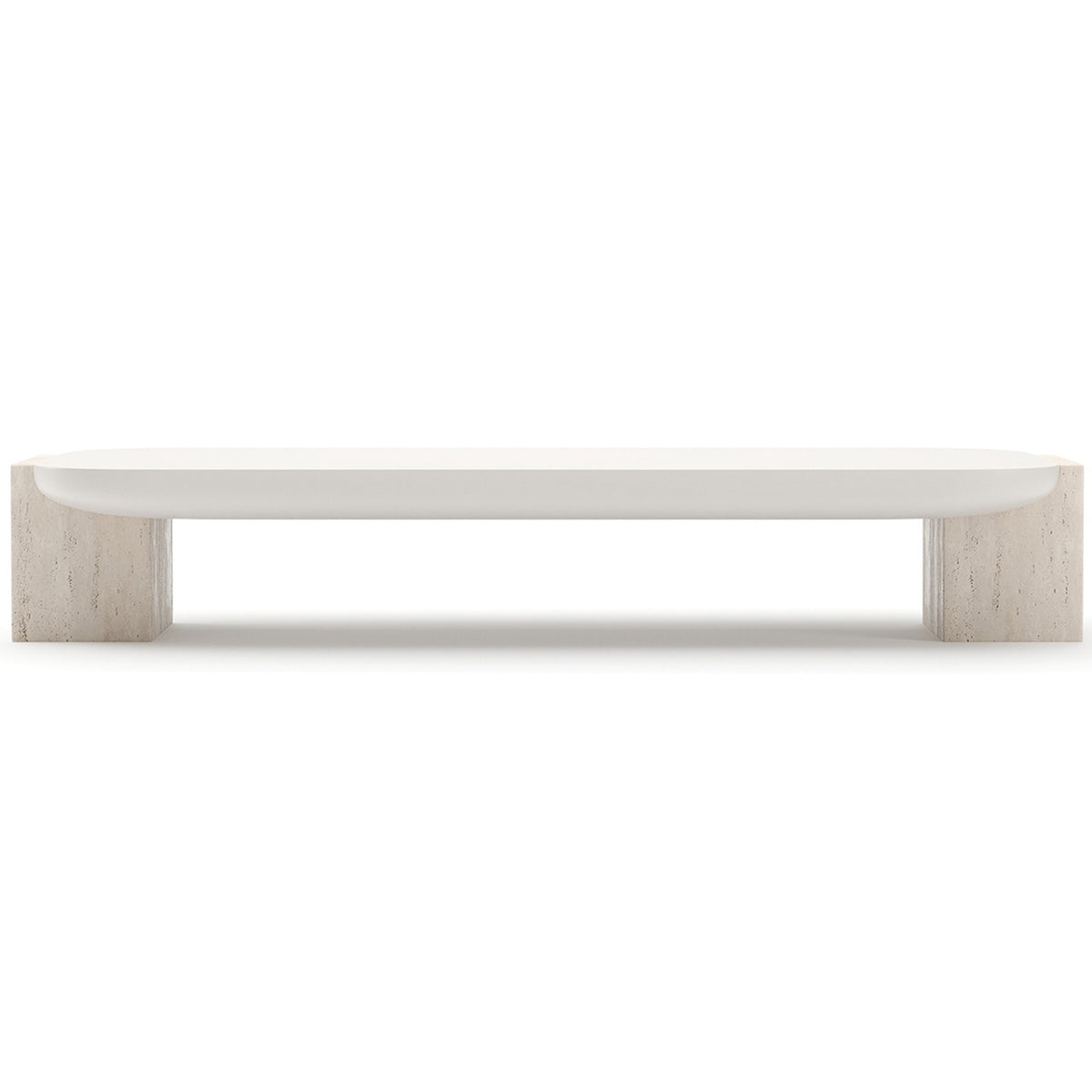 Side profile of Caracole low-slung coffee table showing curved Almond Milk top overhang on Travertine bases