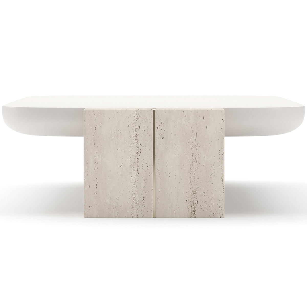White background studio shot of Caracole light finish coffee table with natural pitted Travertine stone blocks