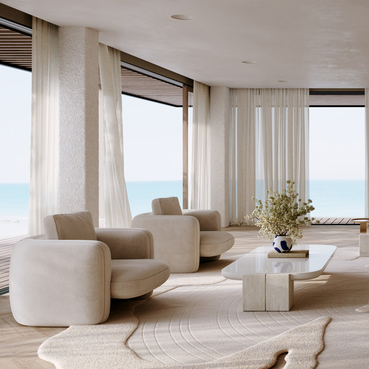 Caracole Overlap Rectangular Coffee Table in Almond Milk with Travertine stone sides in coastal living room