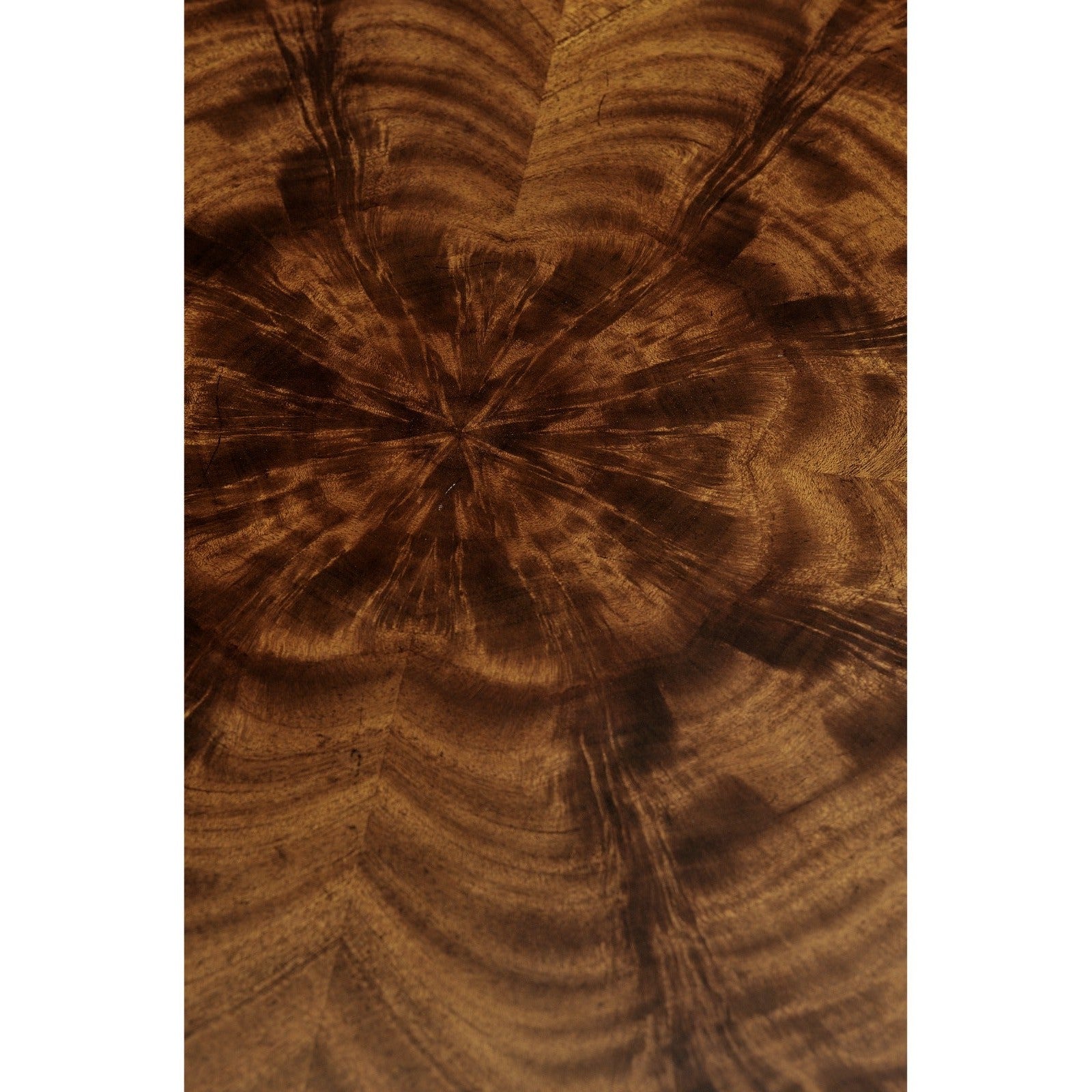 Close-up mahogany starburst crotch veneer grain on round antique side table