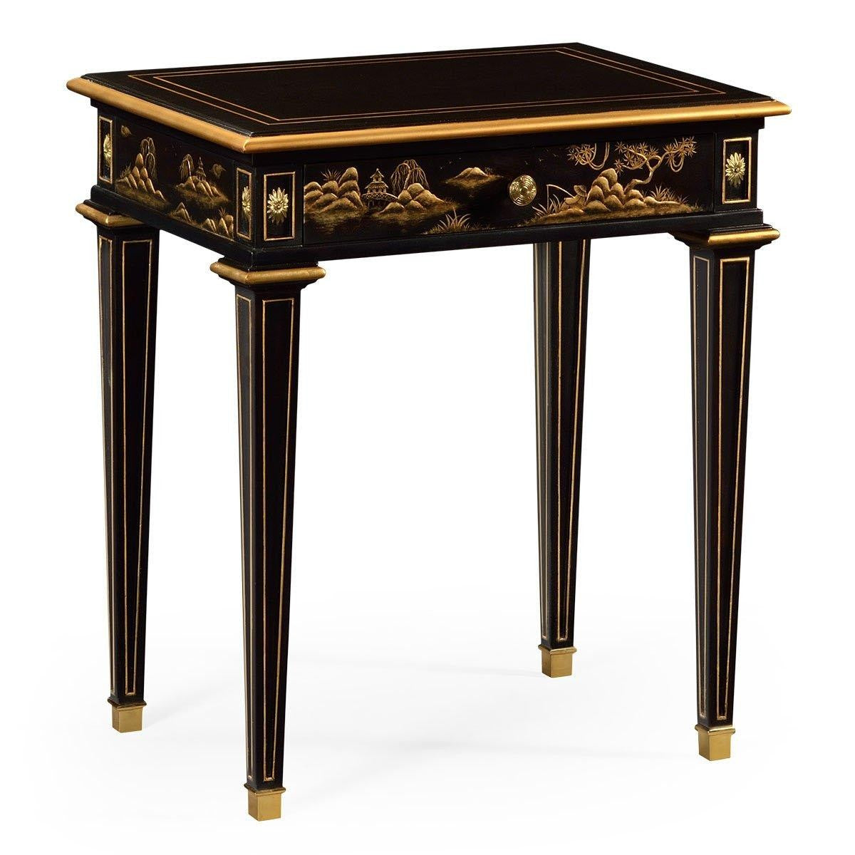 Full front view of Jonathan Charles Chinoiserie bedside table with fluted legs