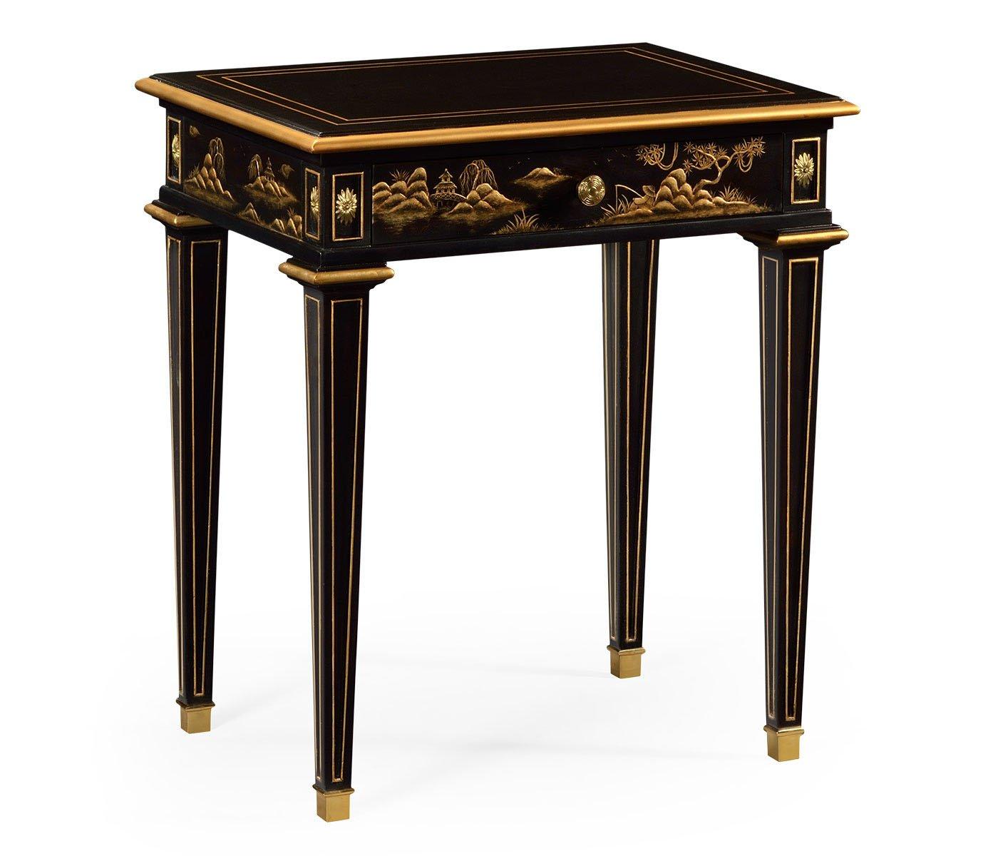 Full front view of Jonathan Charles Chinoiserie bedside table with fluted legs