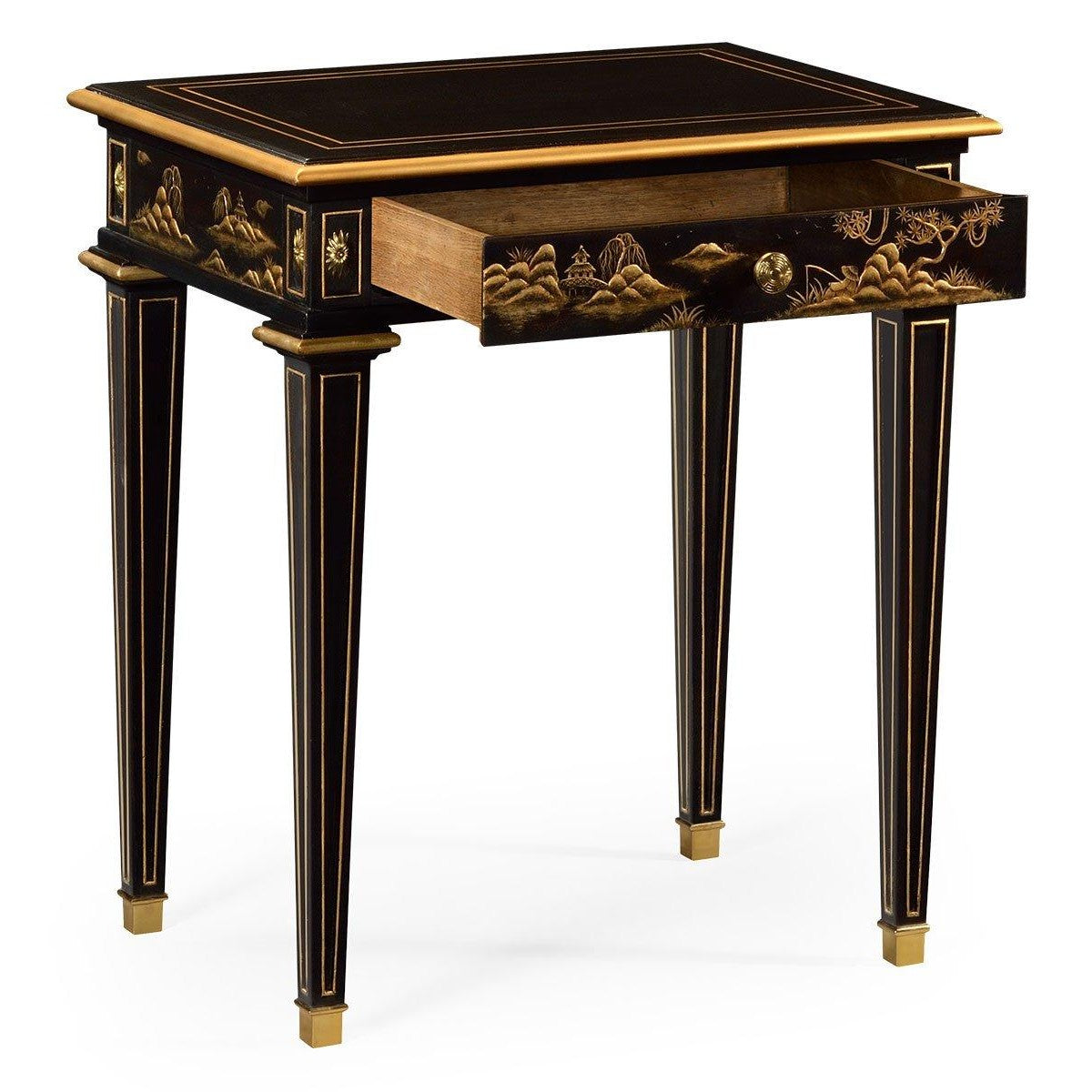 Angled view of black lacquer bedside table with open drawer and willow tree painting
