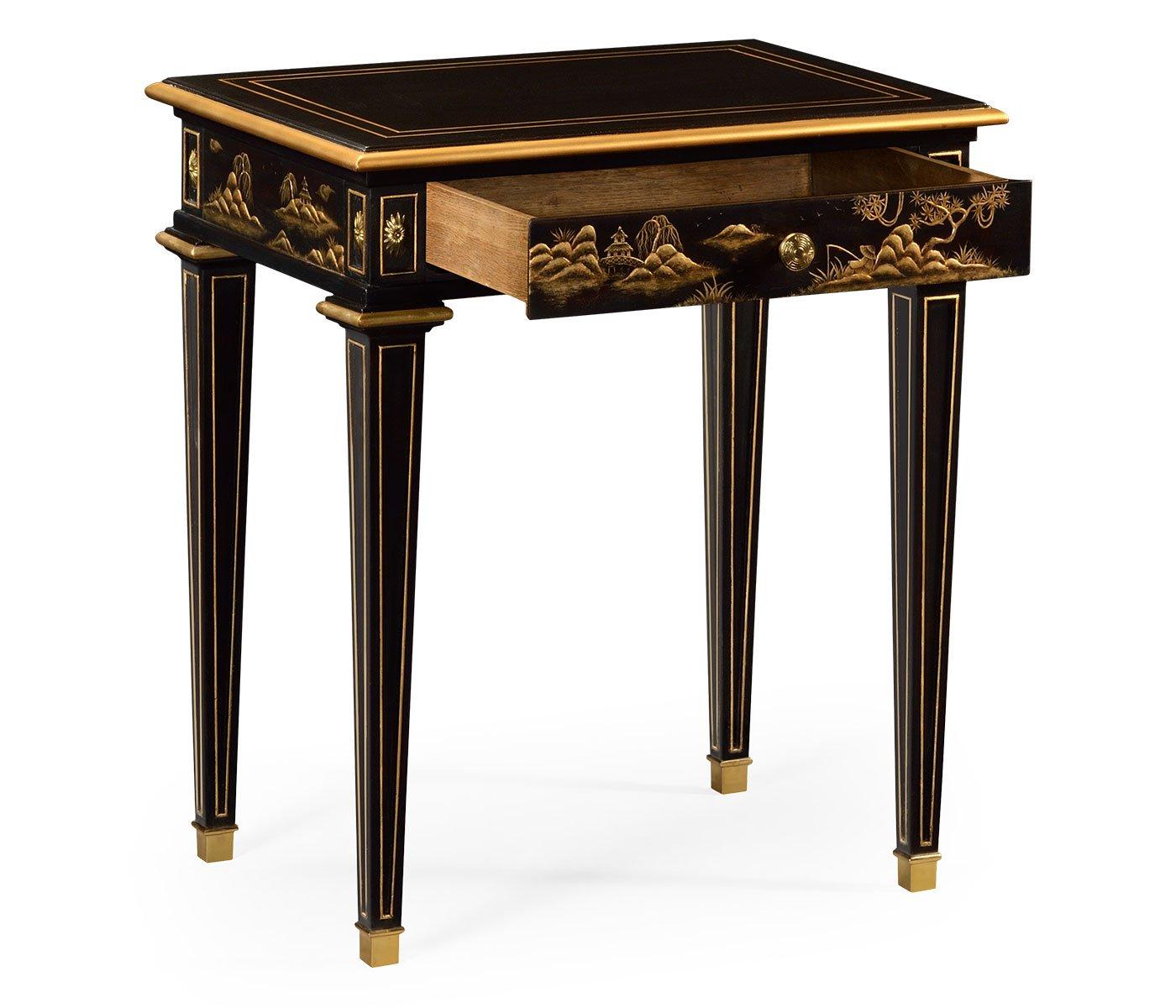 Angled view of black lacquer bedside table with open drawer and willow tree painting