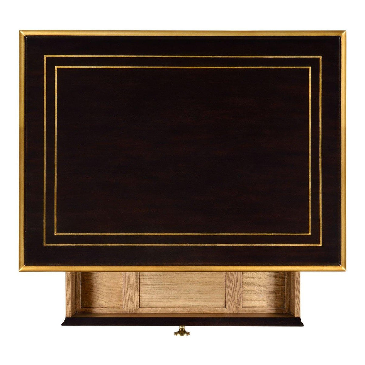 Open drawer of black lacquer Chinoiserie bedside table showing light oak interior