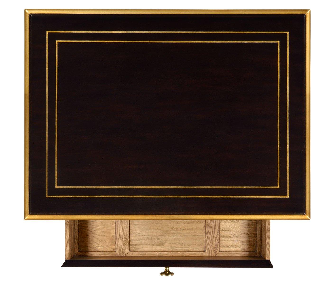 Open drawer of black lacquer Chinoiserie bedside table showing light oak interior