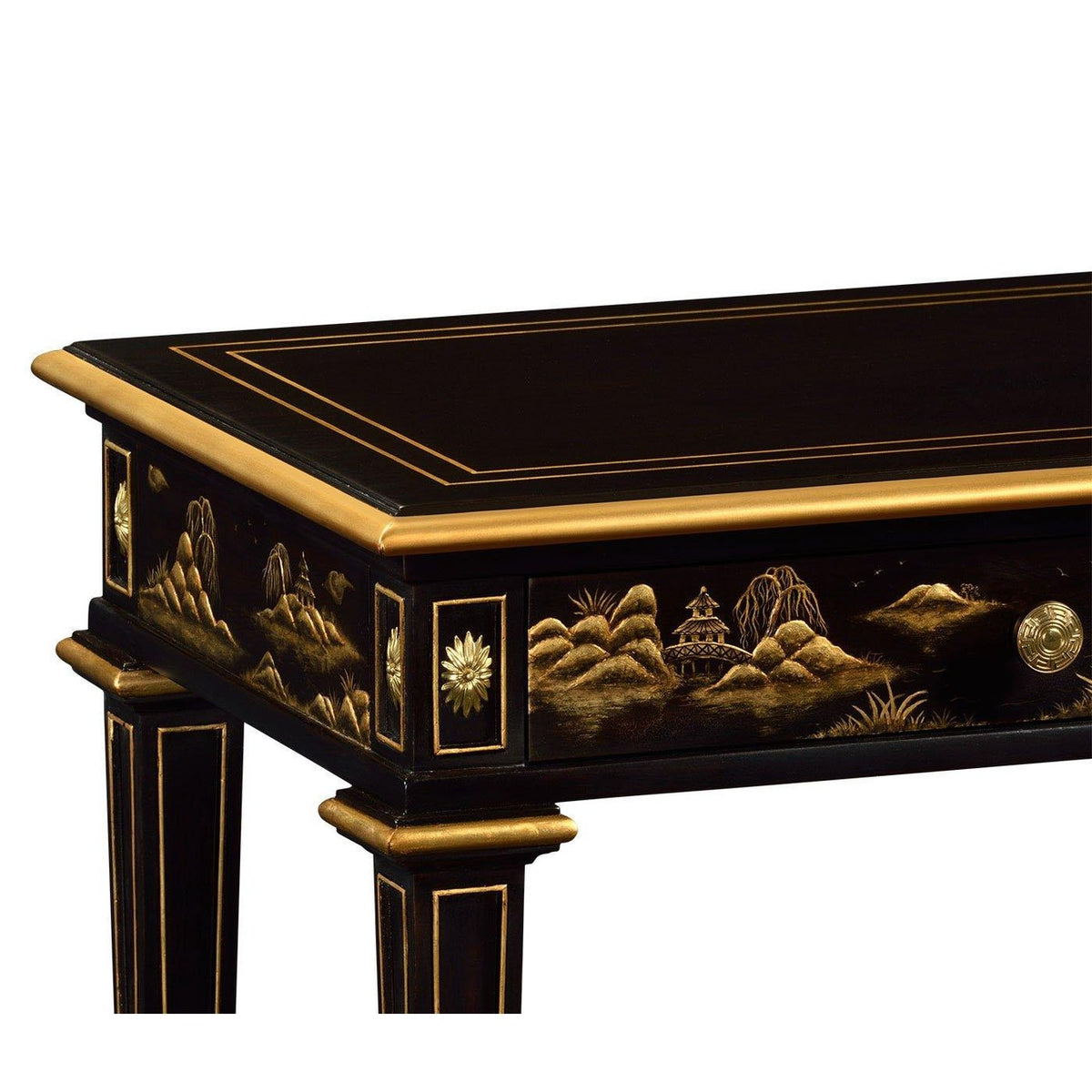 Close-up of hand-painted gold landscape on black lacquer bedside table corner