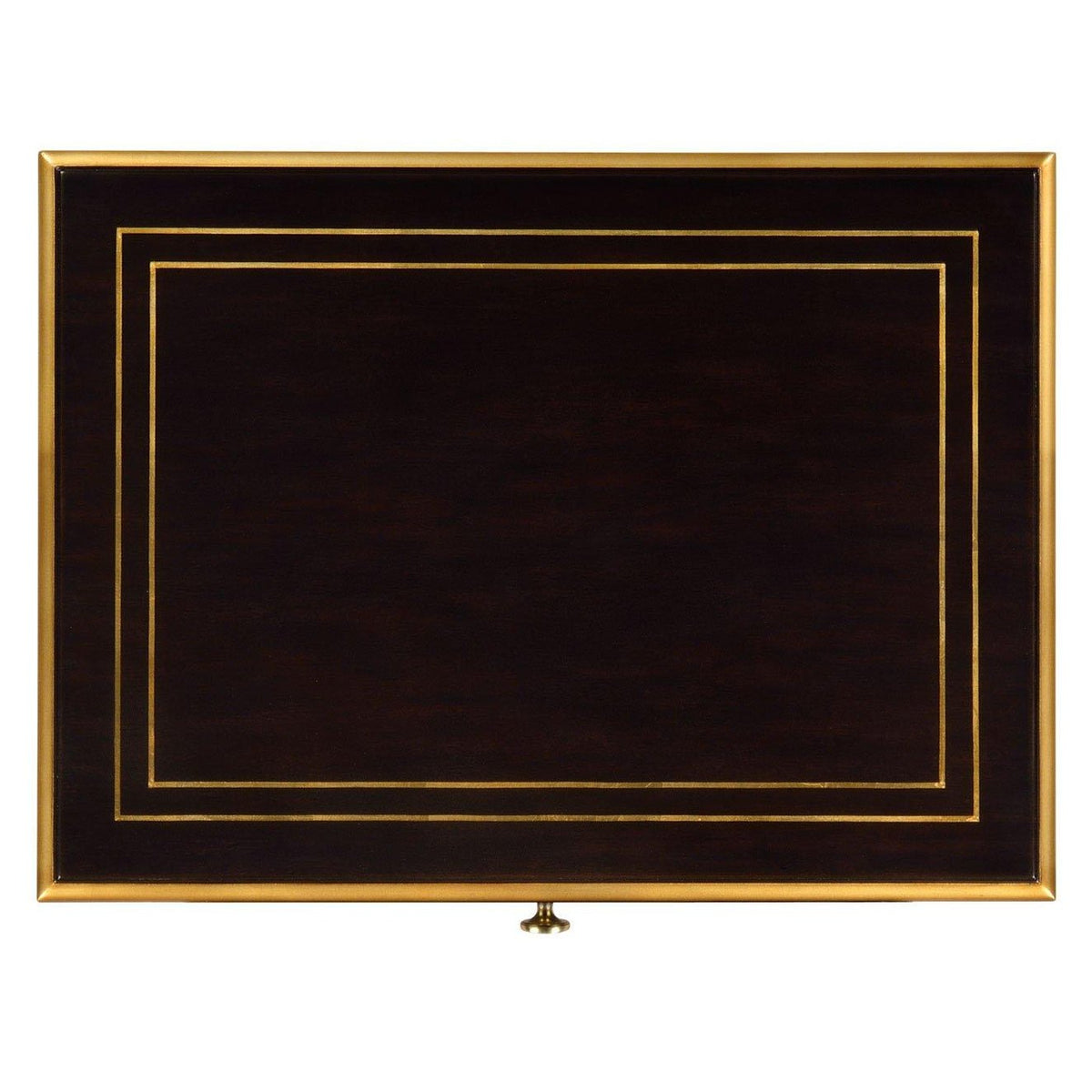 Black lacquer bedside table top with gold inlaid borders and brass knob detail
