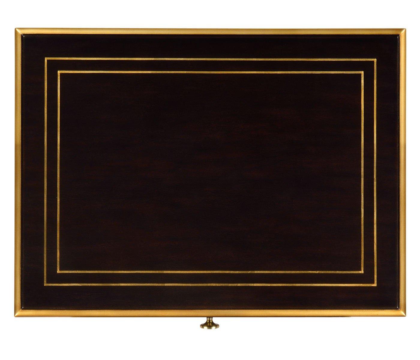 Black lacquer bedside table top with gold inlaid borders and brass knob detail