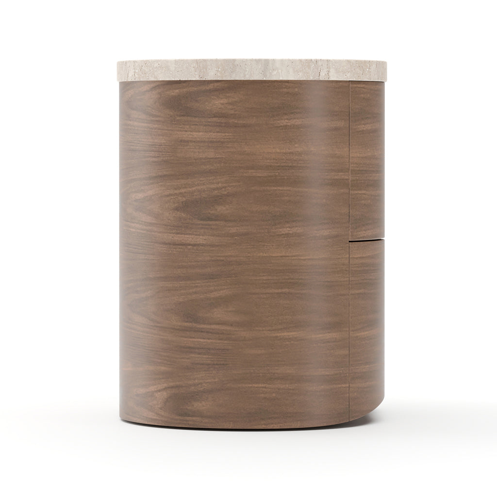 Caracole Fleur small bedside table with Porcini wood case and Travertine stone top, side profile showing two soft-close drawers