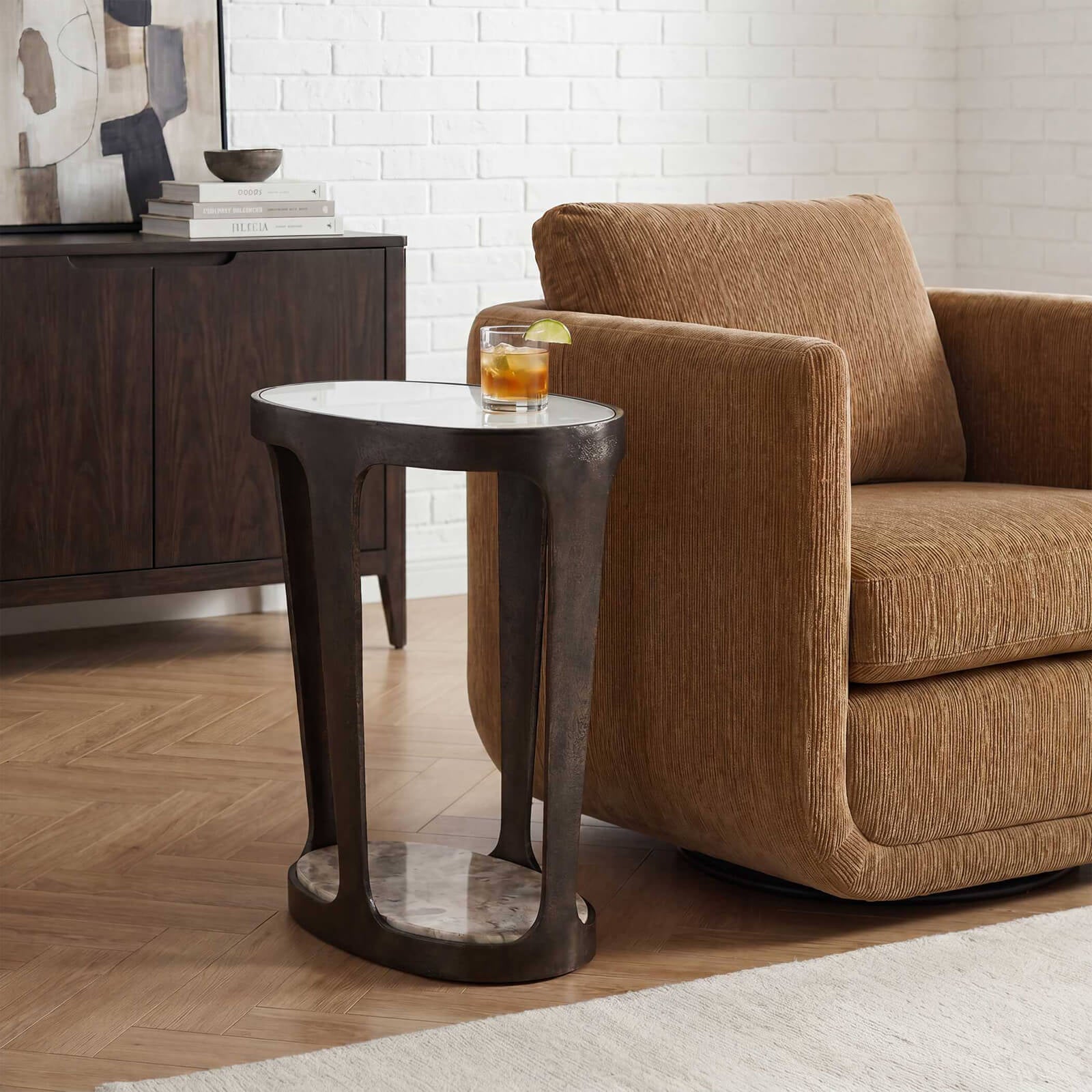 Uttermost Coronado Dark Bronze Side Table with Marble Shelf