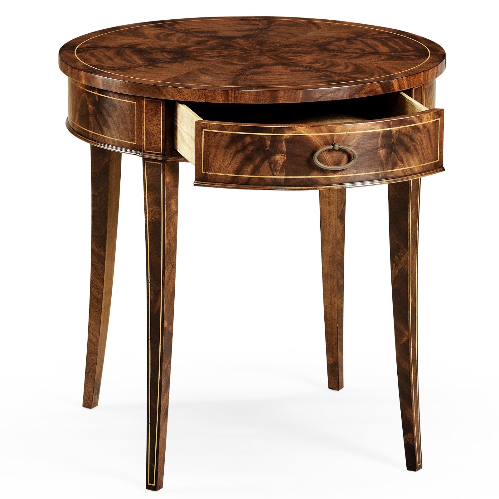 Antique mahogany side table with brass ring pull and gold stringing inlay