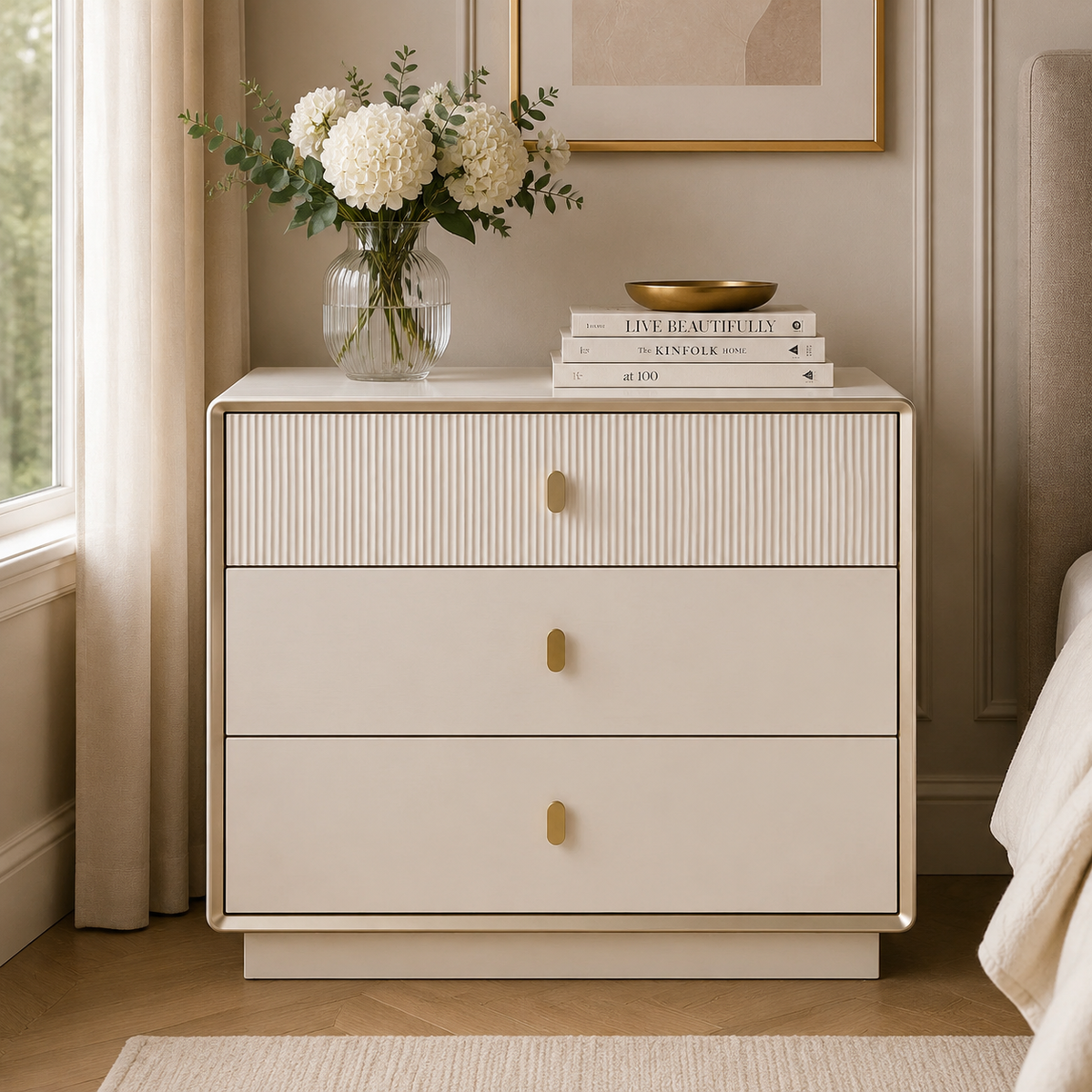 Femelle Cream 3 Drawer Chest with Champagne Trim