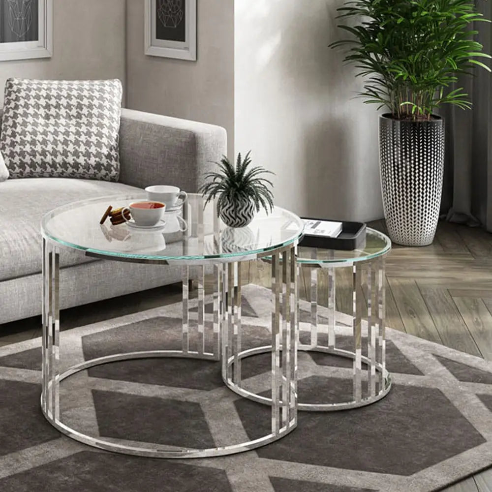 Equinox Round Clear Glass Coffee Table Set Nicholas John Interiors NJ Living