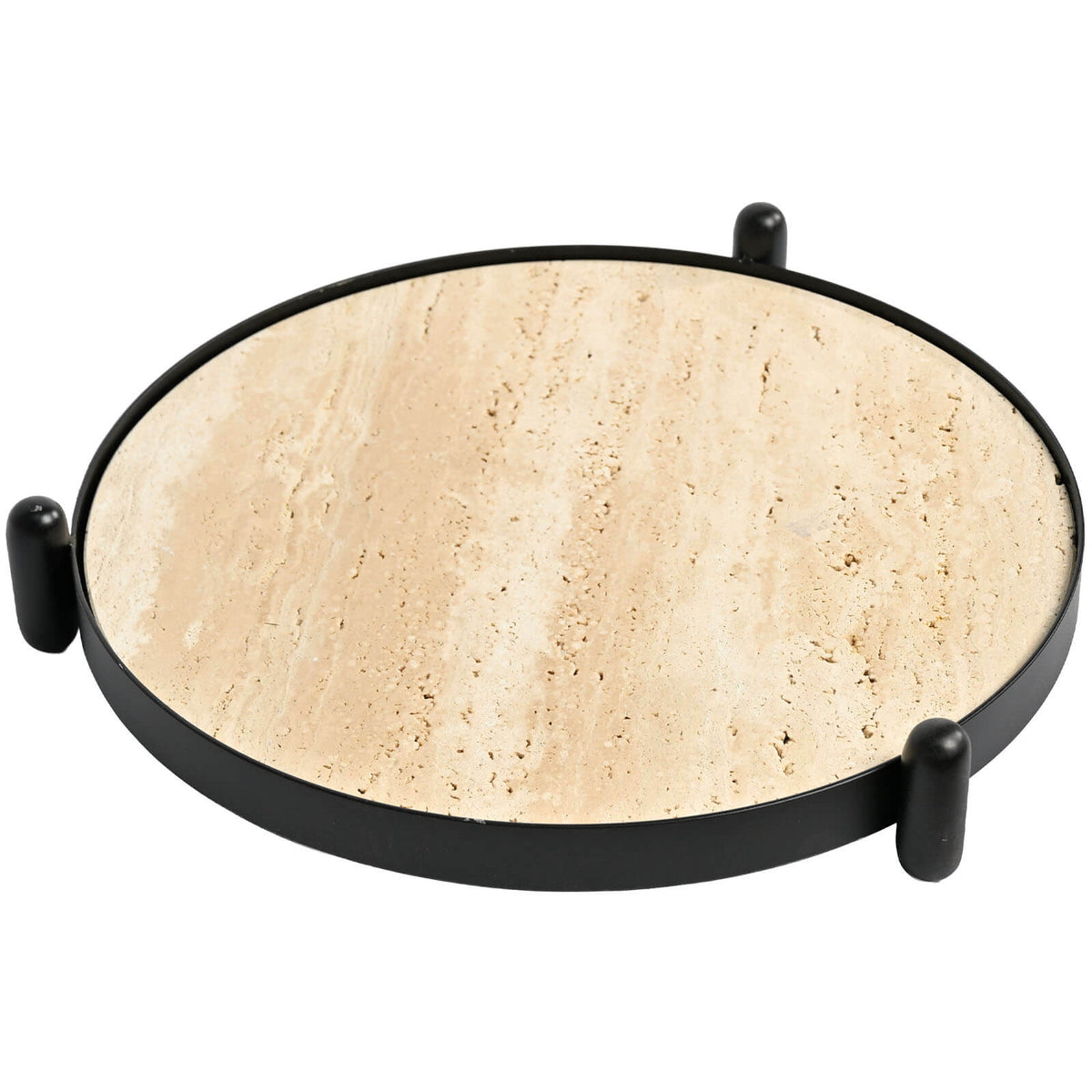 Keiichi Metal Framed Round Tray in Travertine