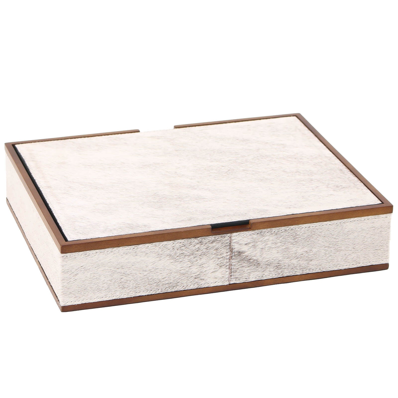 Open small white-grey horsehair box revealing interior edge and texture